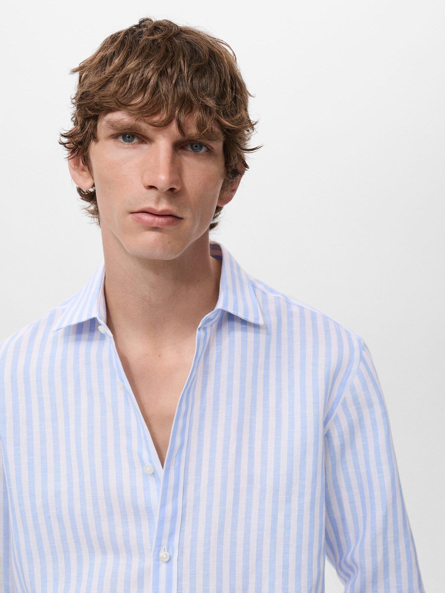 Product image 6 of 8, which shows Mango Elda Stripe Linen Cotton Blend Shirt, Blue/White, XS
