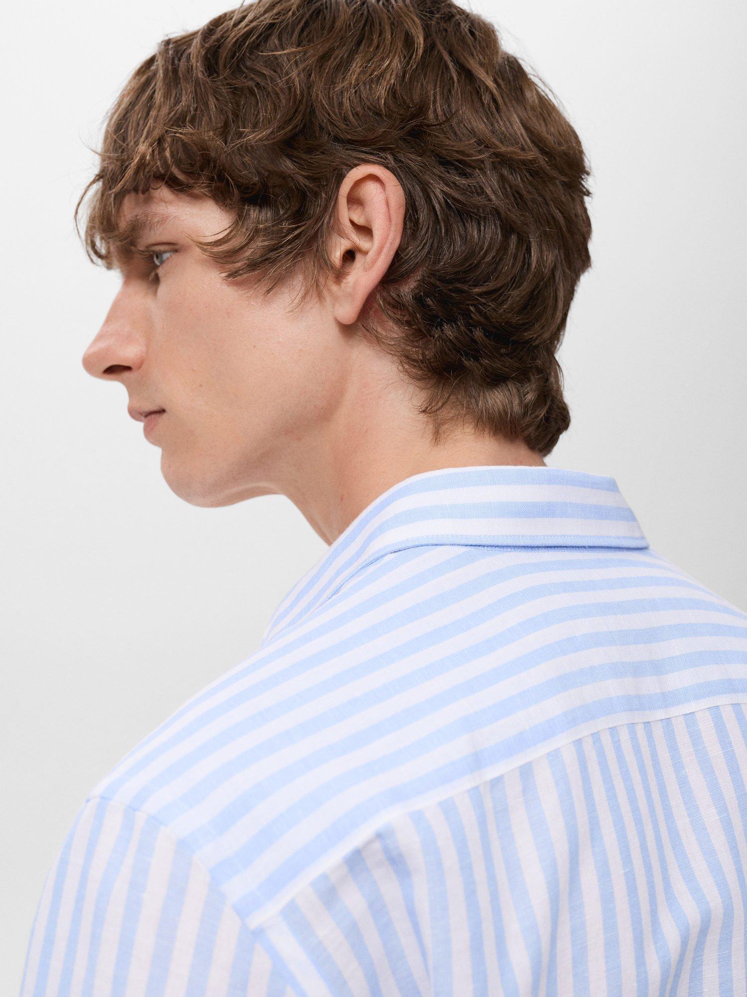 Product image 7 of 8, which shows Mango Elda Stripe Linen Cotton Blend Shirt, Blue/White, XS
