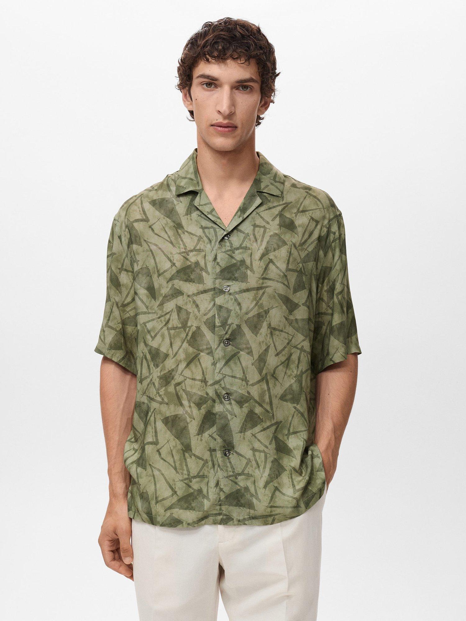 Product image 1 of 8, which shows Mango Enrico Geometric Print Shirt, Dark Green, L