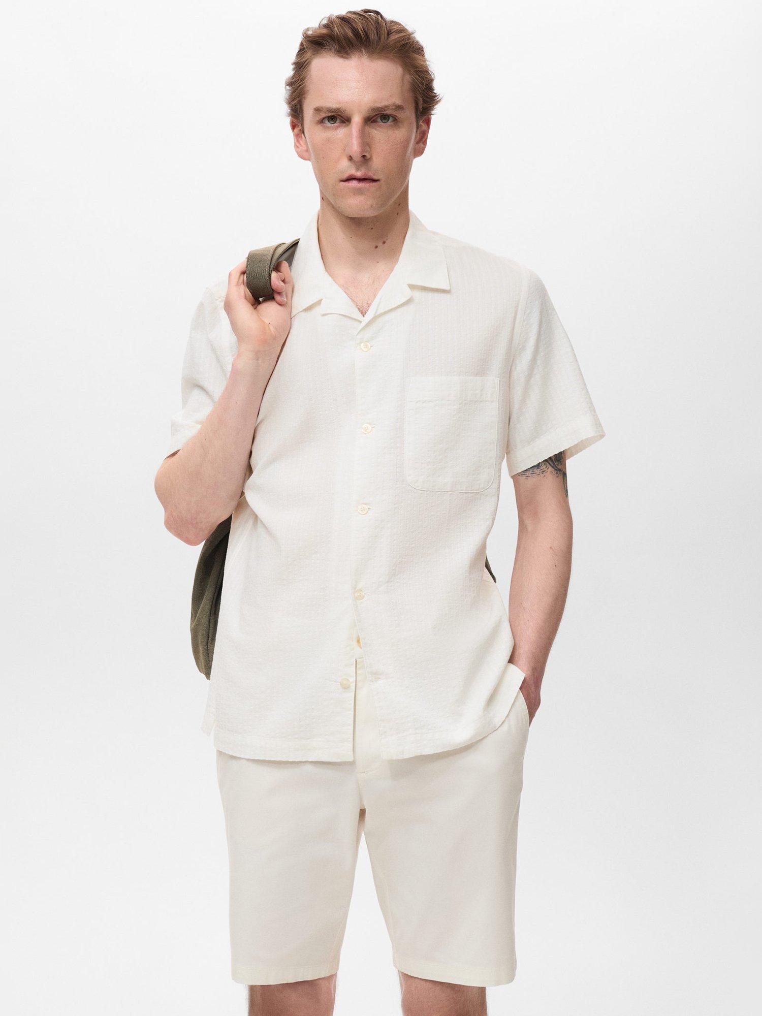 Product image 1 of 8, which shows Mango Muzza Button Down Short Sleeve Cotton Shirt, White, L