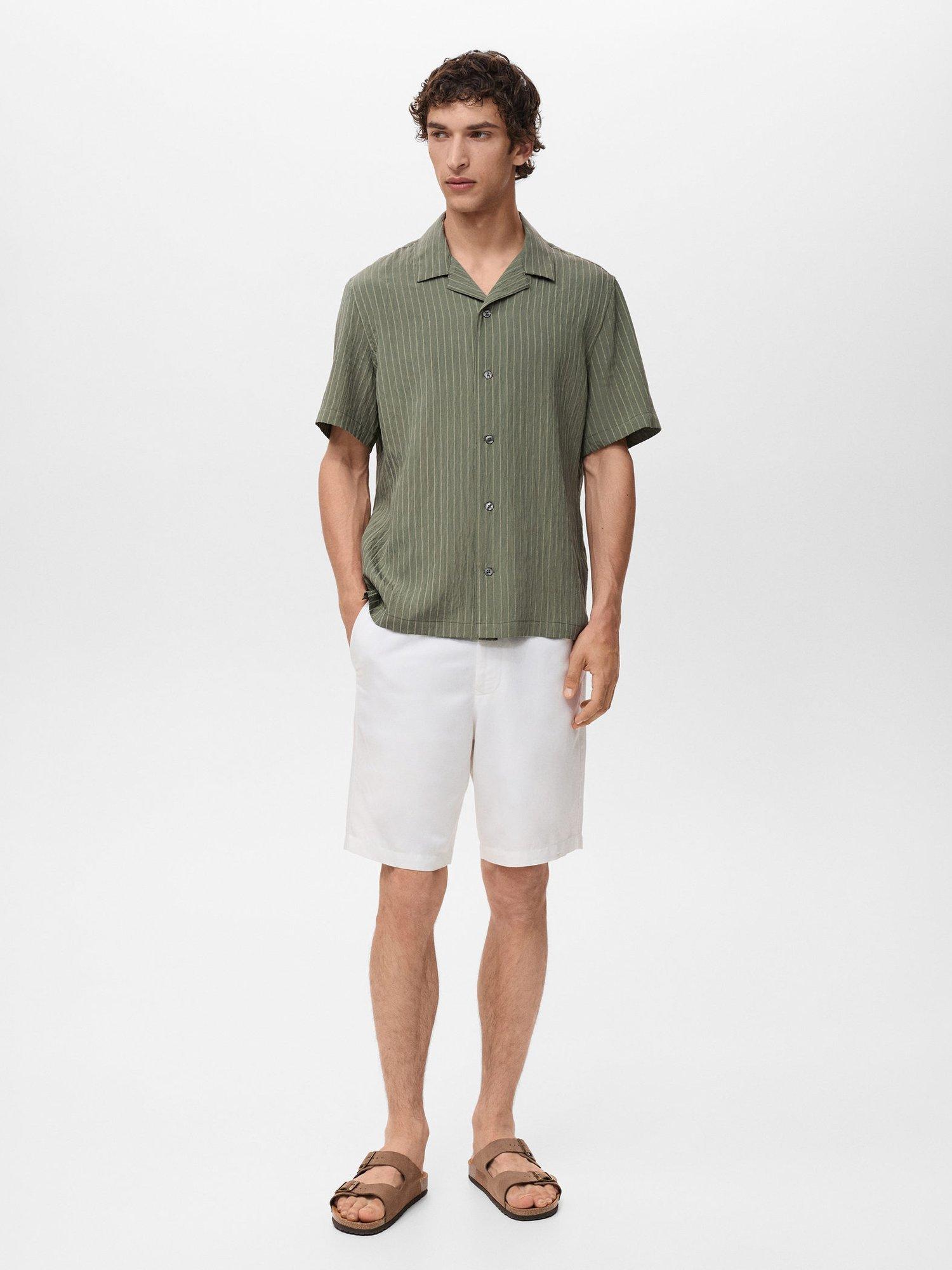 Product image 2 of 9, which shows Mango Pireo Stripe Button Down Short Sleeve Shirt, Dark Green, S