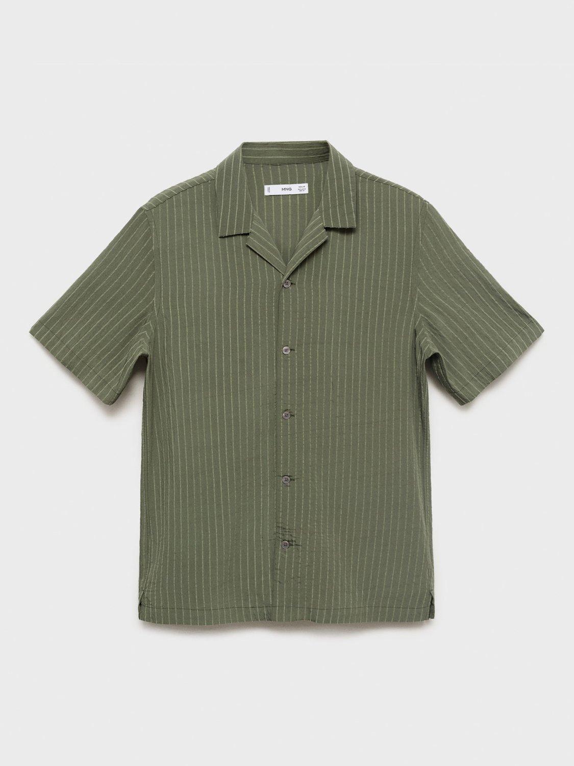Product image 3 of 9, which shows Mango Pireo Stripe Button Down Short Sleeve Shirt, Dark Green, S