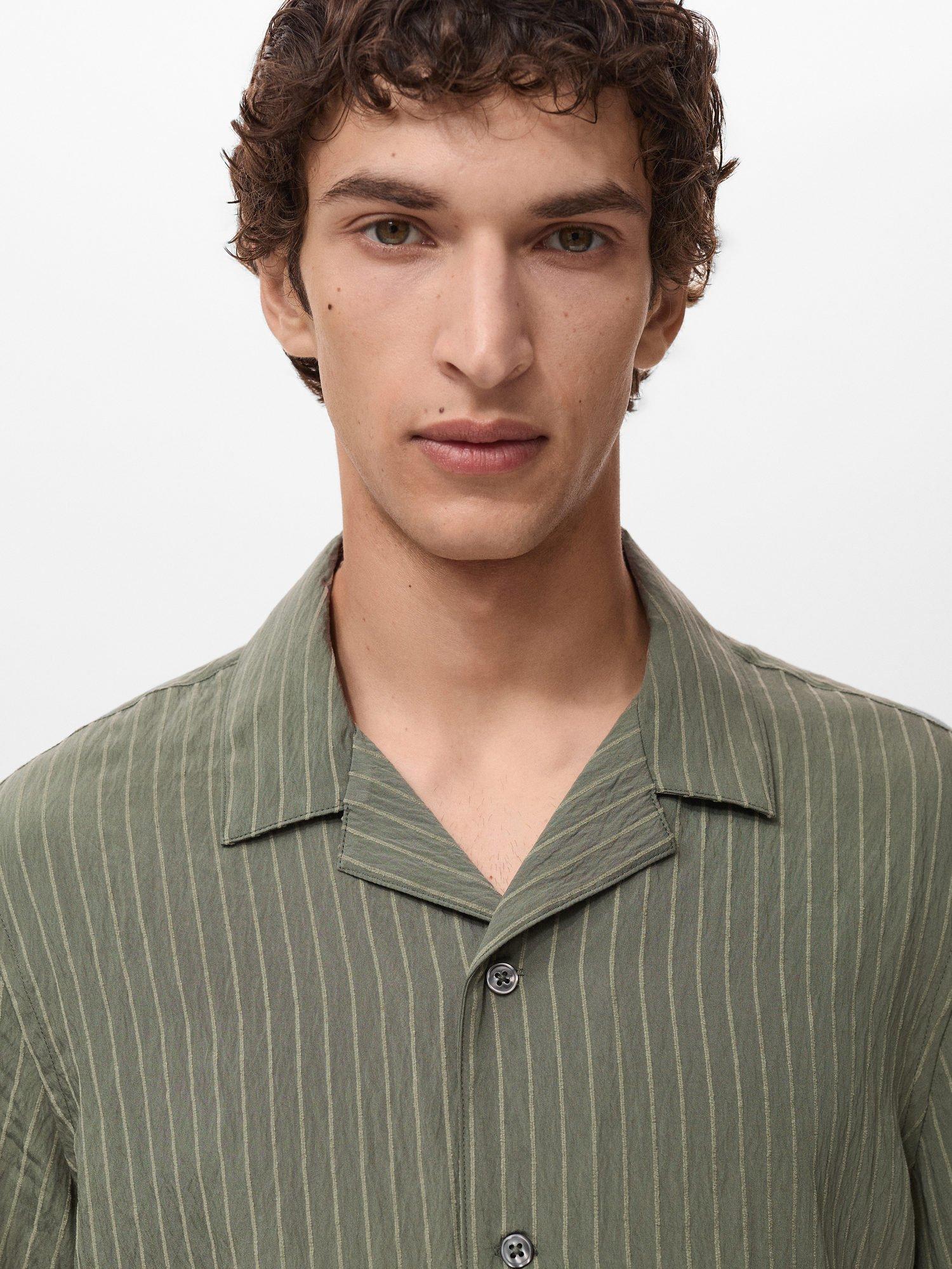 Product image 6 of 9, which shows Mango Pireo Stripe Button Down Short Sleeve Shirt, Dark Green, S