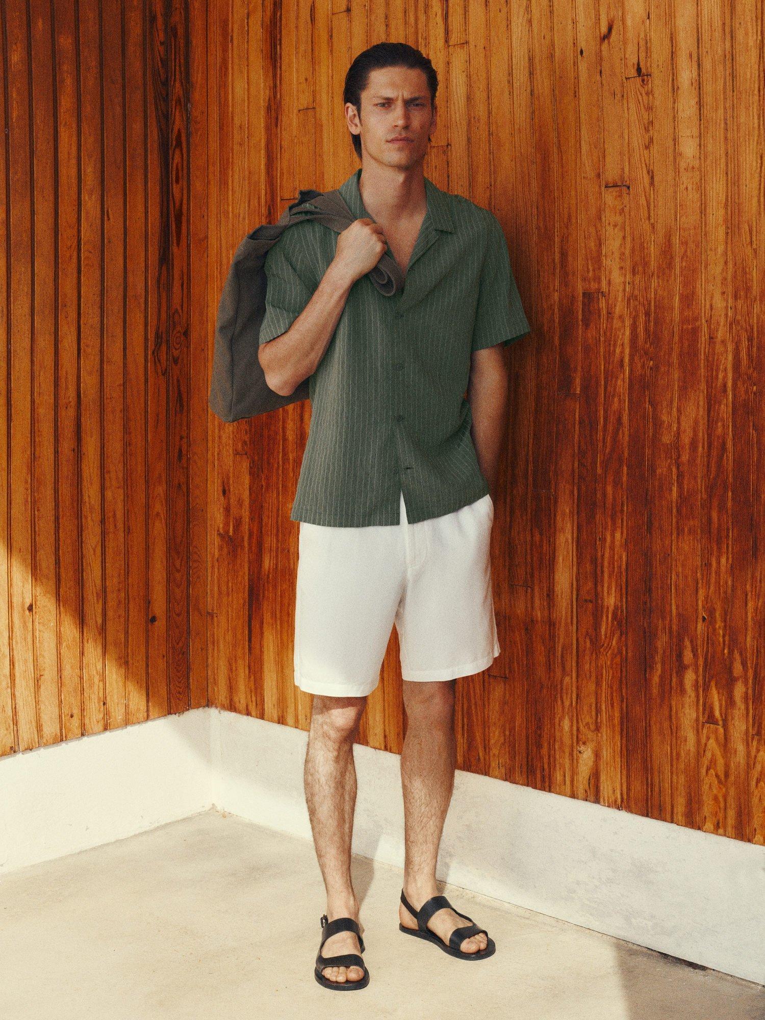 Product image 8 of 9, which shows Mango Pireo Stripe Button Down Short Sleeve Shirt, Dark Green, S