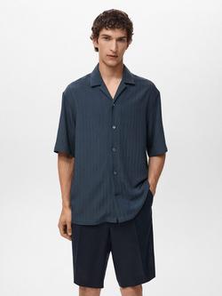 Mango Pireos Stripe Button Down Short Sleeve Shirt, Navy