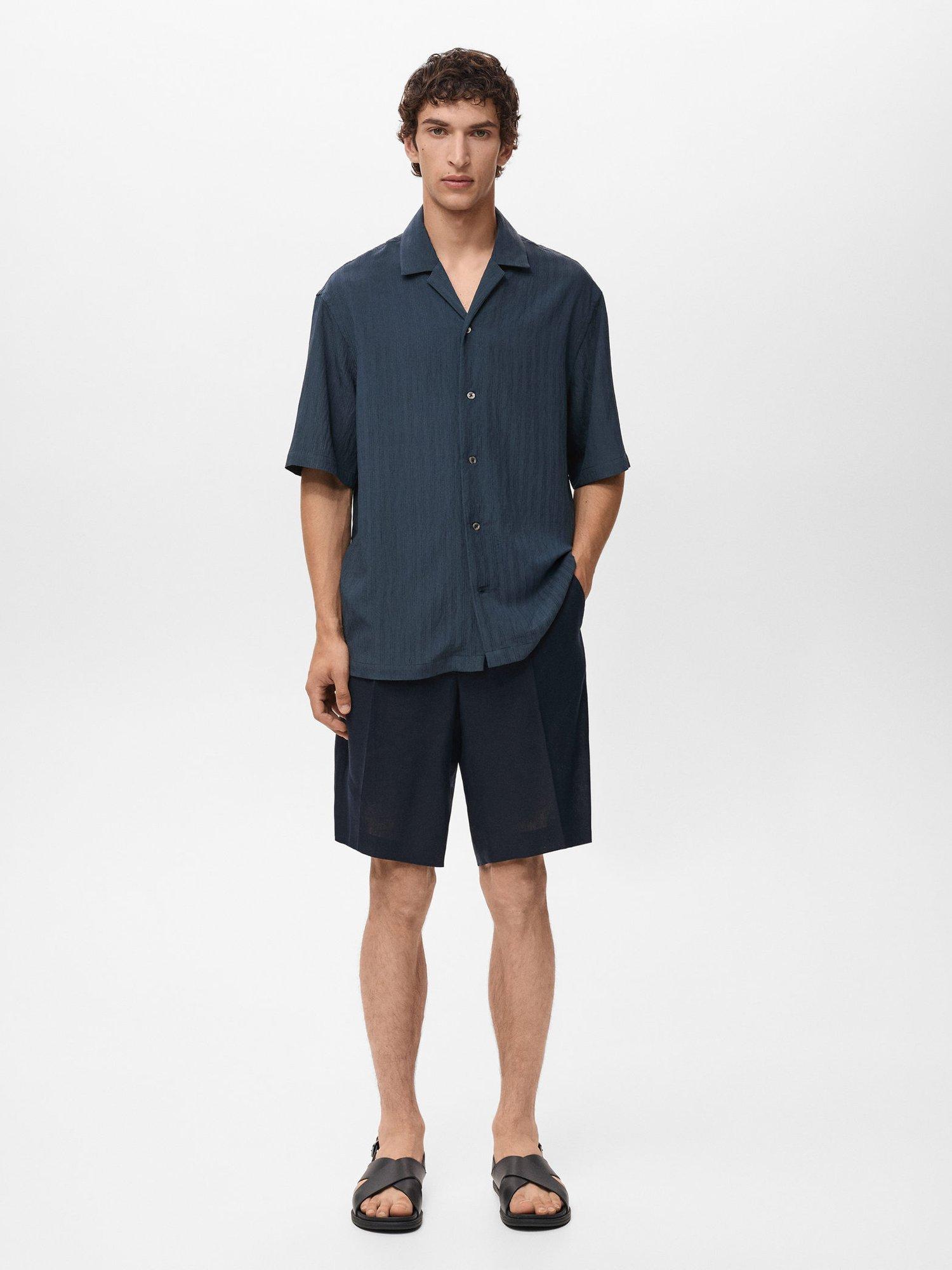 Product image 2 of 9, which shows Mango Pireos Stripe Button Down Short Sleeve Shirt, Navy, L
