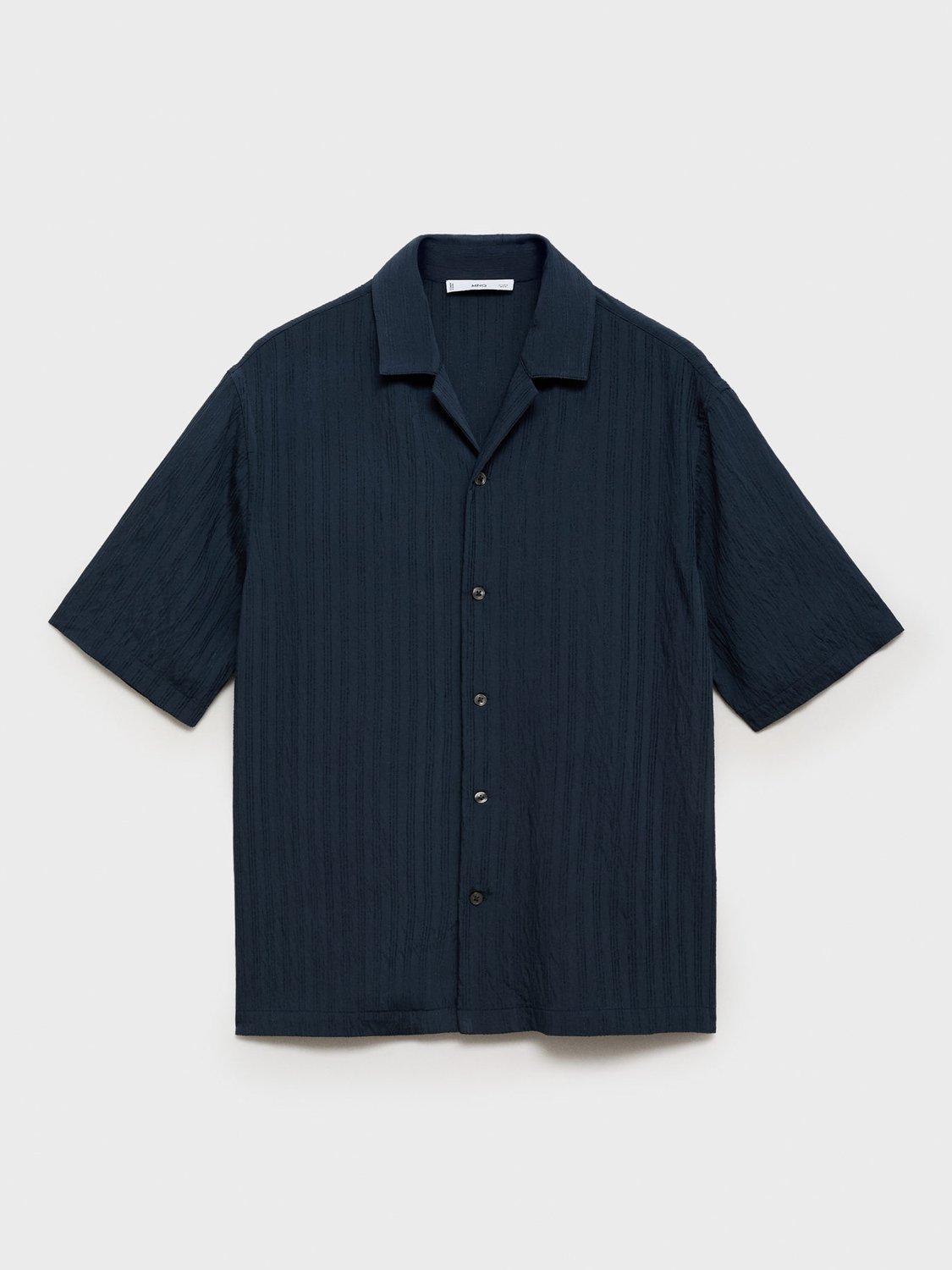 Product image 3 of 9, which shows Mango Pireos Stripe Button Down Short Sleeve Shirt, Navy, L