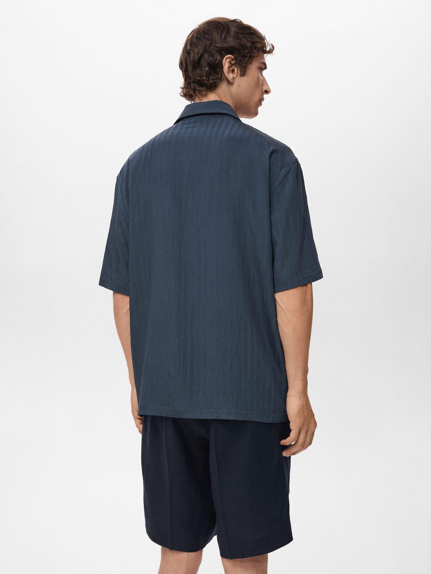Product image 4 of 9, which shows Mango Pireos Stripe Button Down Short Sleeve Shirt, Navy, L
