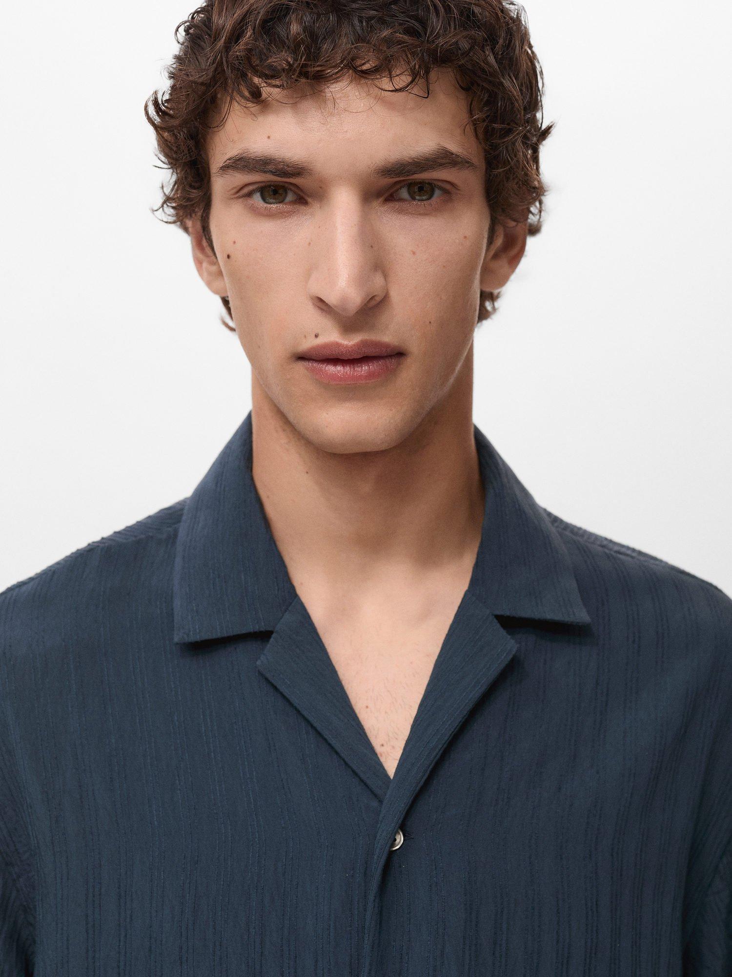 Product image 6 of 9, which shows Mango Pireos Stripe Button Down Short Sleeve Shirt, Navy, L