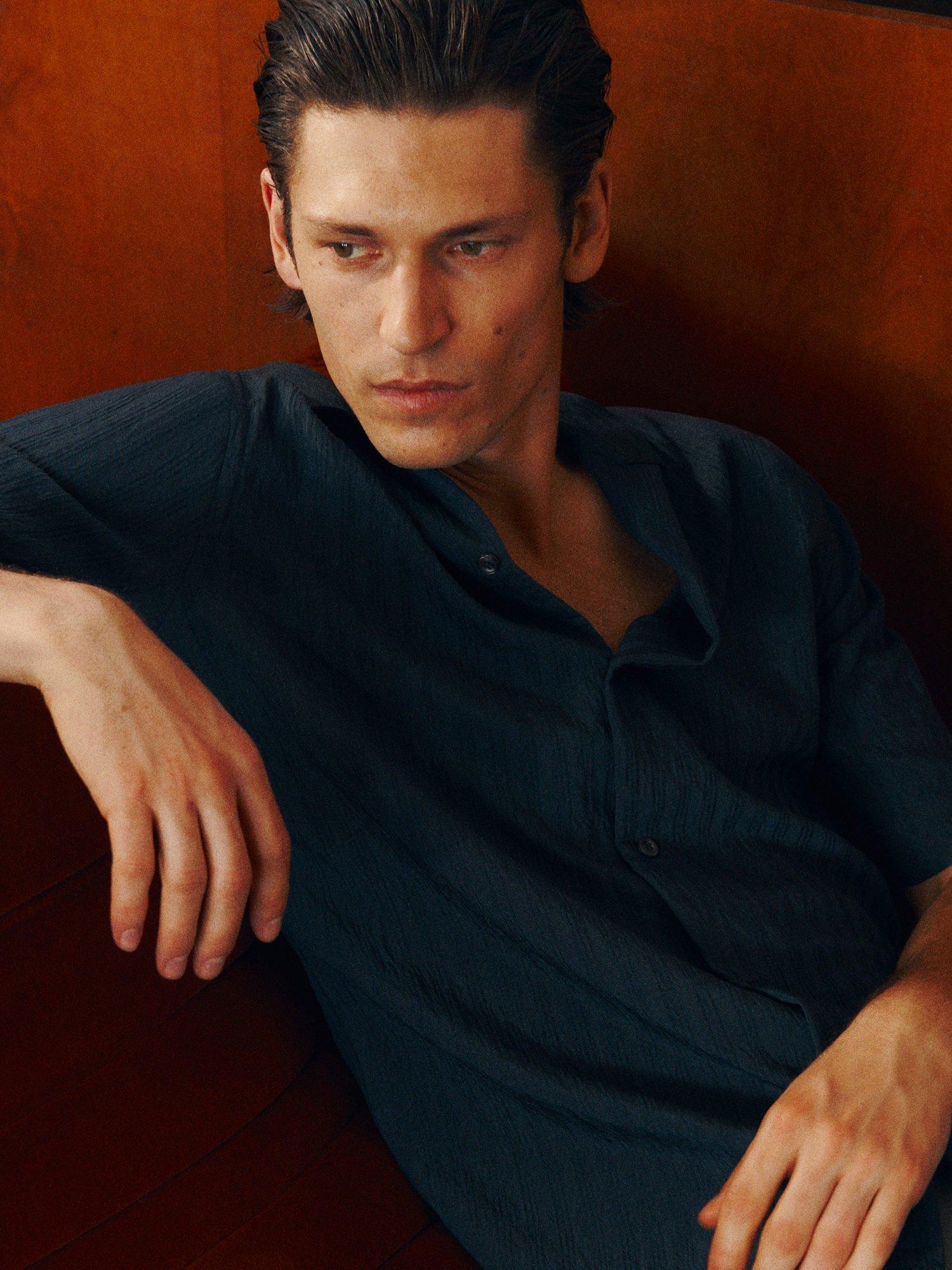 Product image 8 of 9, which shows Mango Pireos Stripe Button Down Short Sleeve Shirt, Navy, L