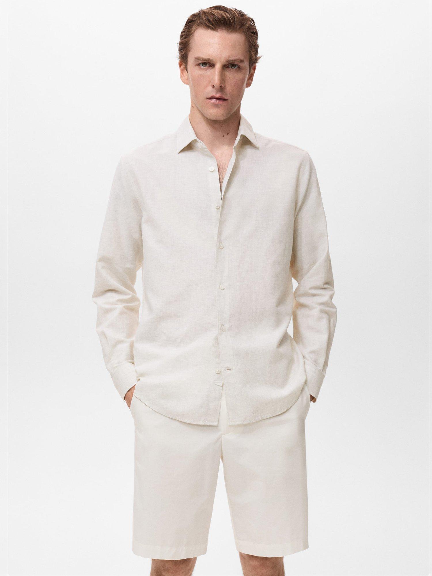Product image 1 of 8, which shows Mango Rub Cotton Linen Blend Shirt, Natural White, L