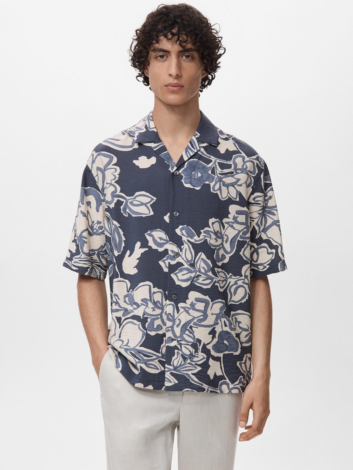 Product image 1 of 9, which shows Mango Scorcio Floral Print Button Down Short Sleeve Shirt, Navy, S