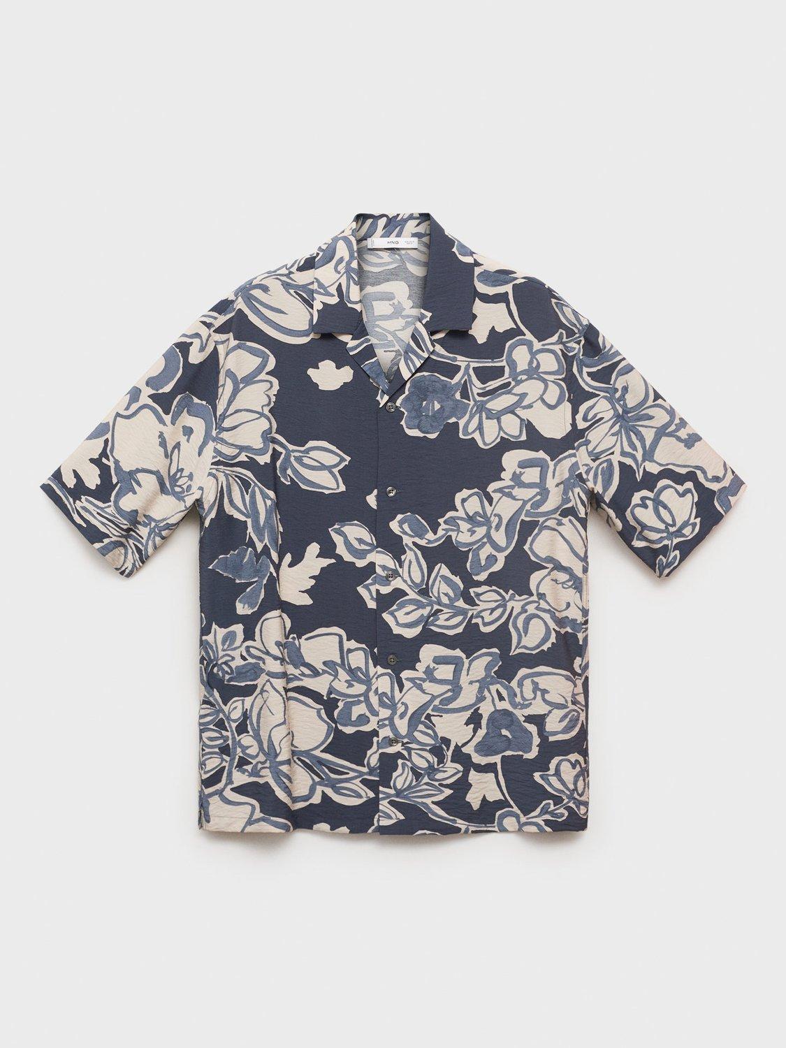 Product image 3 of 9, which shows Mango Scorcio Floral Print Button Down Short Sleeve Shirt, Navy, S