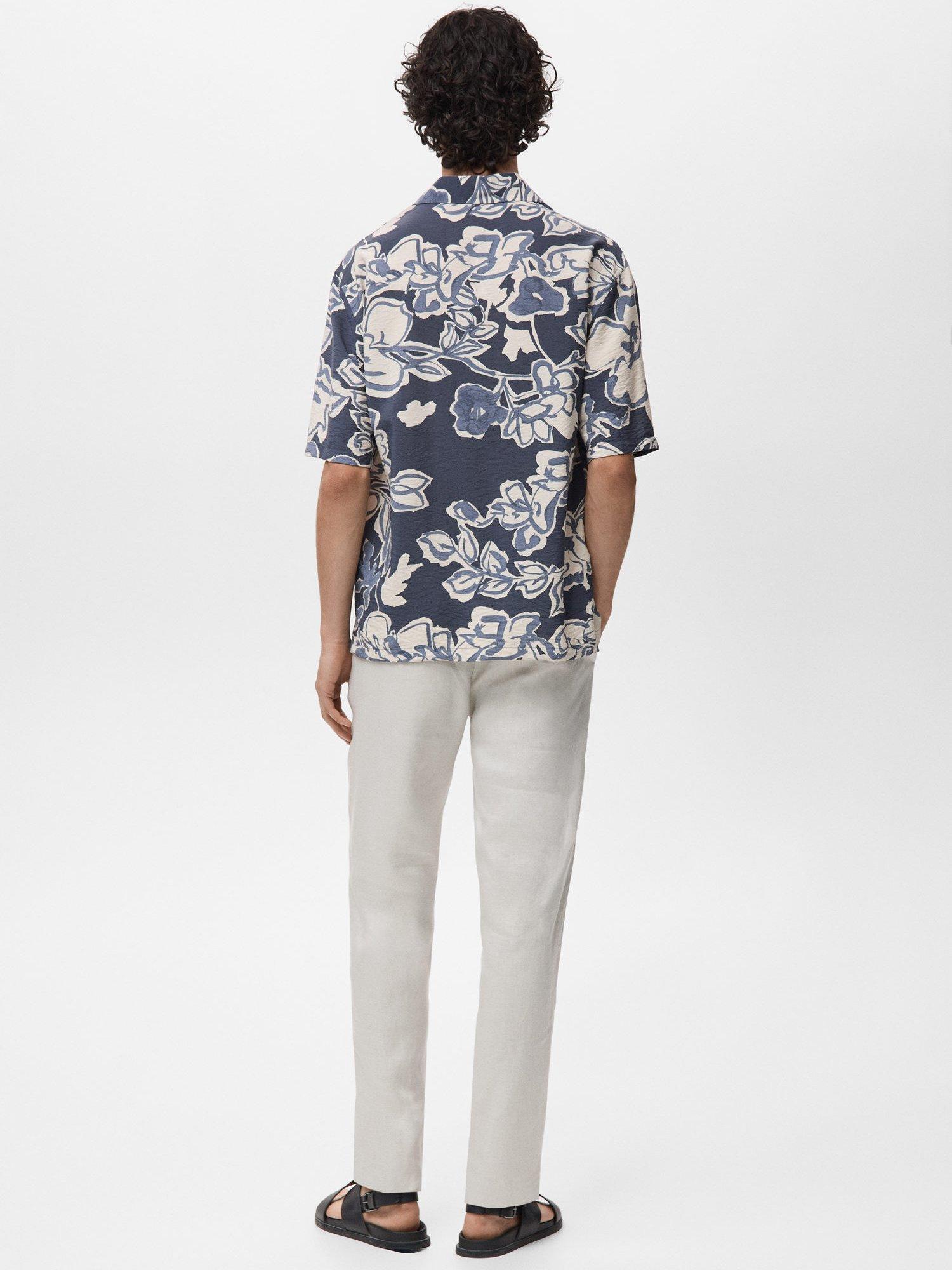 Product image 4 of 9, which shows Mango Scorcio Floral Print Button Down Short Sleeve Shirt, Navy, S