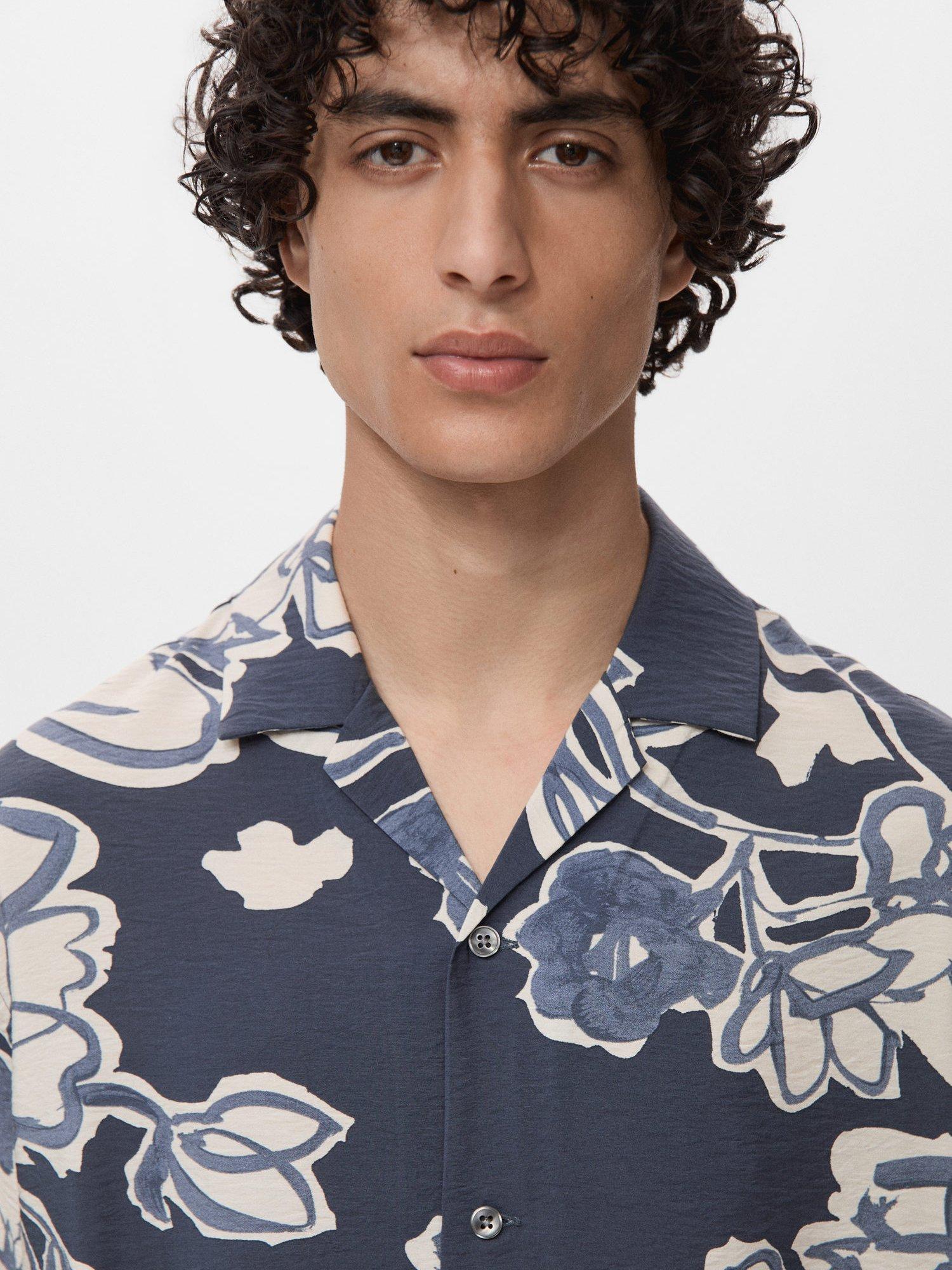 Product image 6 of 9, which shows Mango Scorcio Floral Print Button Down Short Sleeve Shirt, Navy, S