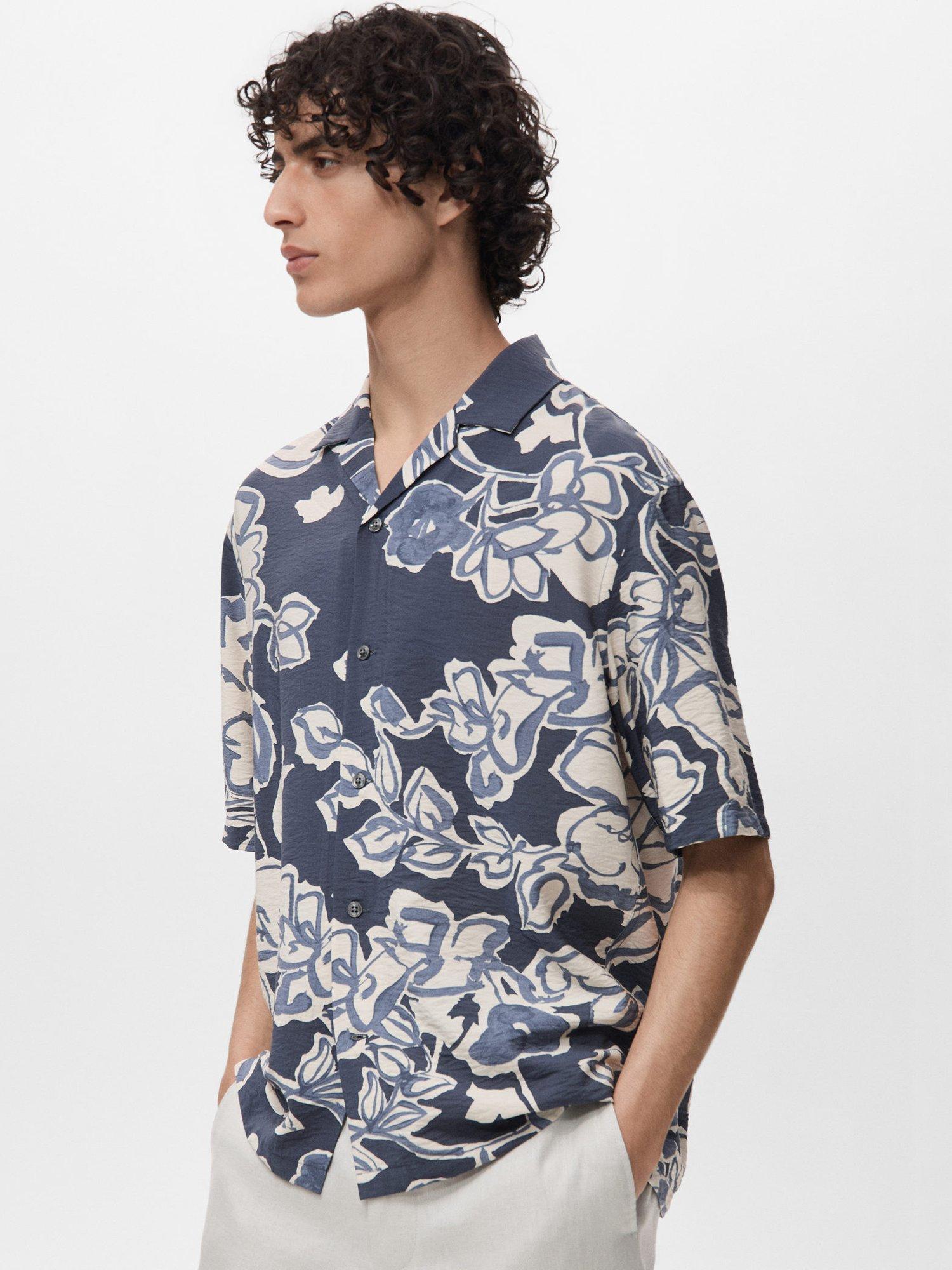 Product image 7 of 9, which shows Mango Scorcio Floral Print Button Down Short Sleeve Shirt, Navy, S
