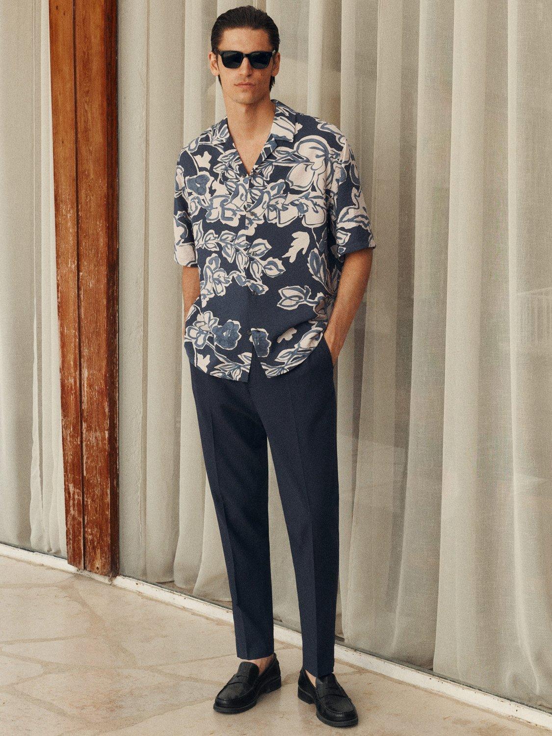 Product image 8 of 9, which shows Mango Scorcio Floral Print Button Down Short Sleeve Shirt, Navy, S