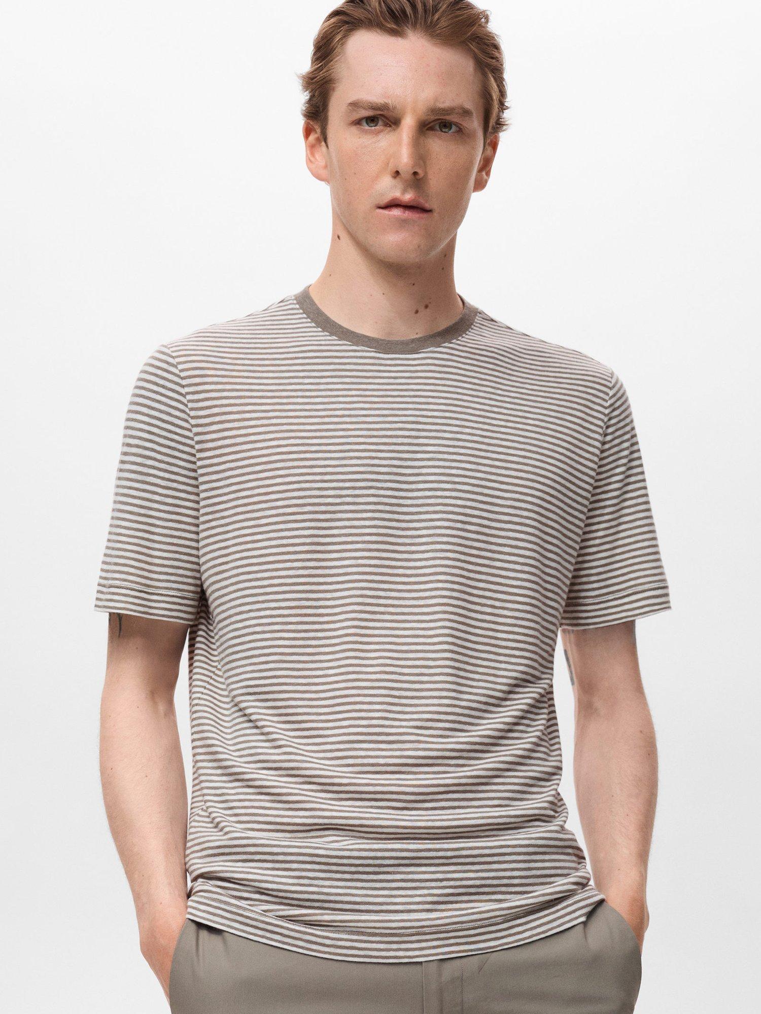 Product image 1 of 8, which shows Mango Limar Stripe Linen Blend T-Shirt, Natural White, XXL
