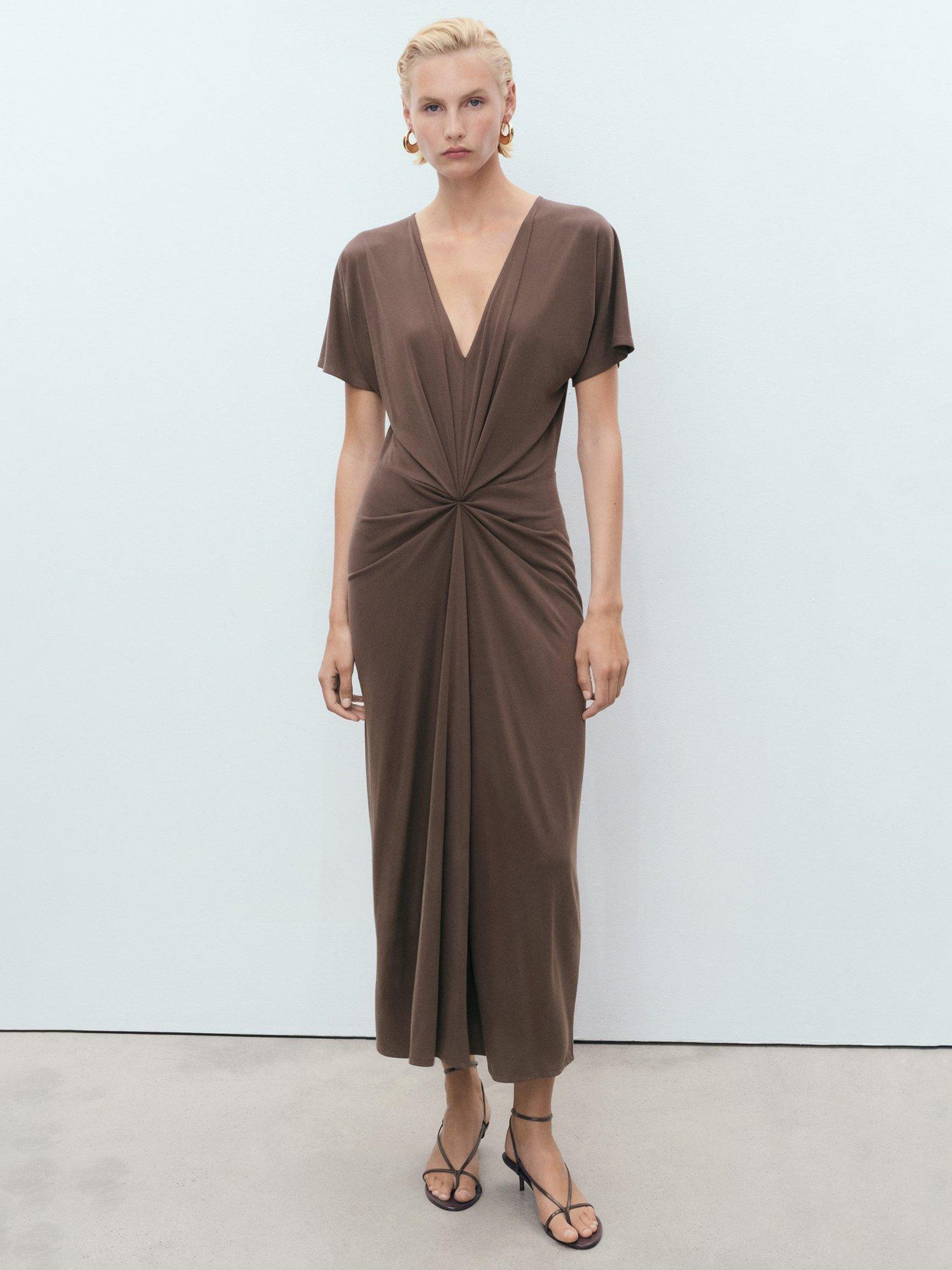 Product image 1 of 8, which shows Mango Ricarda V-Neck Gathered Dress, Brown, 8