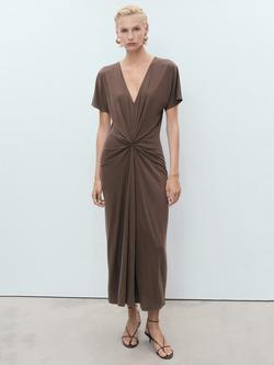 Mango Ricarda V-Neck Gathered Dress, Brown, Brown