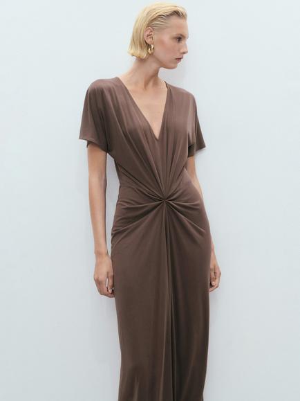 Mango Ricarda V-Neck Gathered Dress, Brown - view 2, Brown