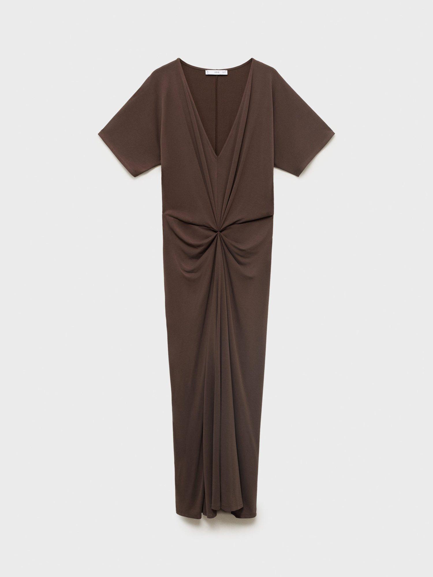 Product image 3 of 8, which shows Mango Ricarda V-Neck Gathered Dress, Brown, 8
