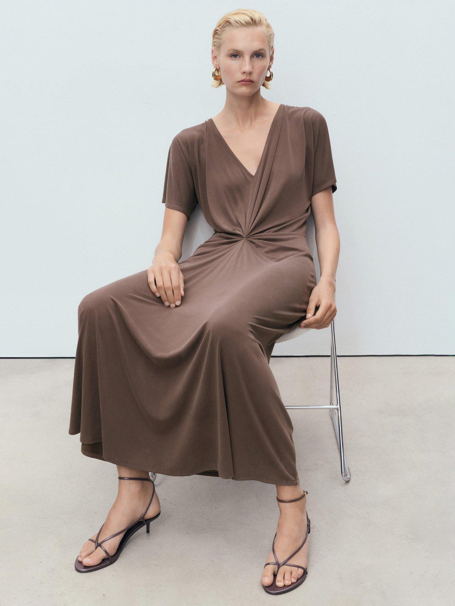 Product image 7 of 8, which shows Mango Ricarda V-Neck Gathered Dress, Brown, 8