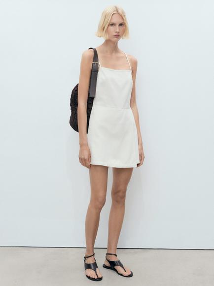 Mango Tere Cotton Short Denim Pinafore Dress - view 2, White