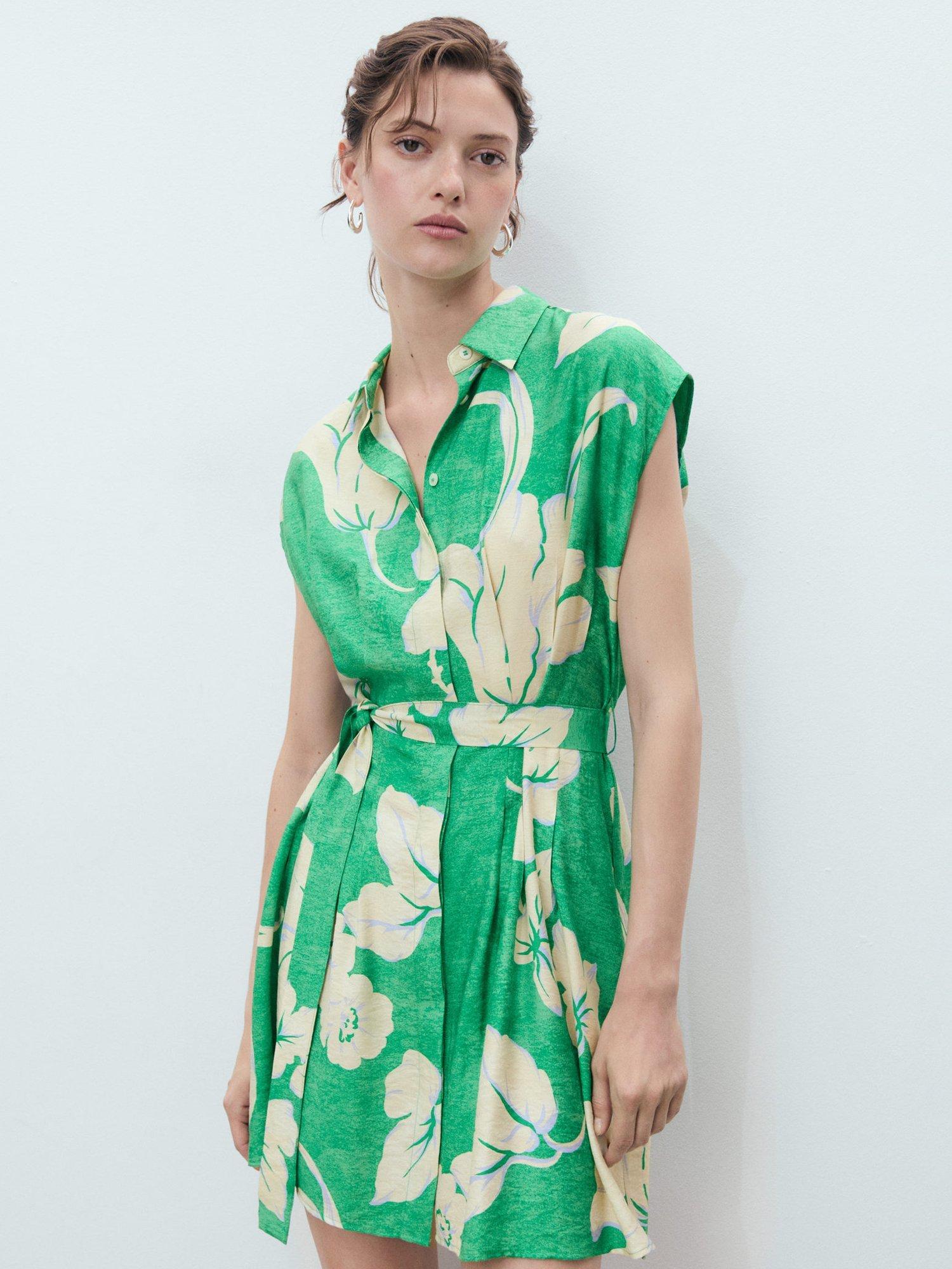 Product image 1 of 6, which shows Mango Floral Belt Printed Midi Dress, Green/Multi, 10