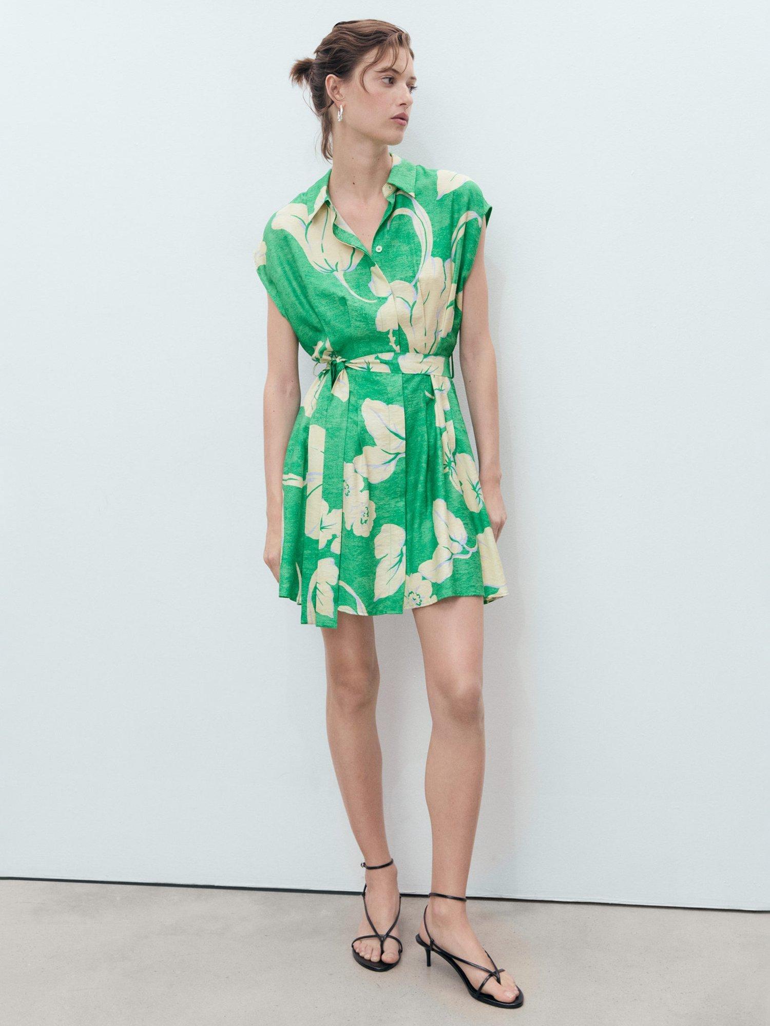 Product image 2 of 6, which shows Mango Floral Belt Printed Midi Dress, Green/Multi, 10