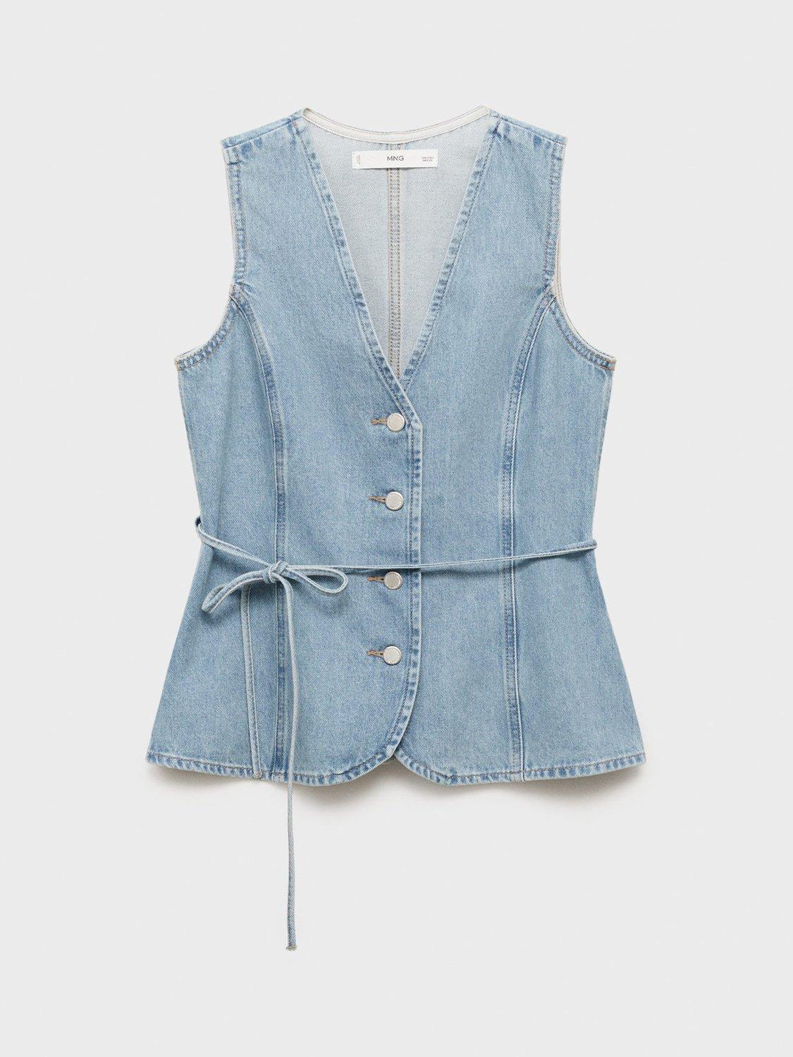 Product image 1 of 3, which shows Mango Daphne Denim Waistcoat, Open Blue, L