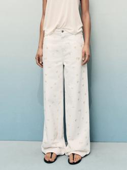 Mango Massy Cotton Flower Embroidered Wide Leg Jeans, Natural White