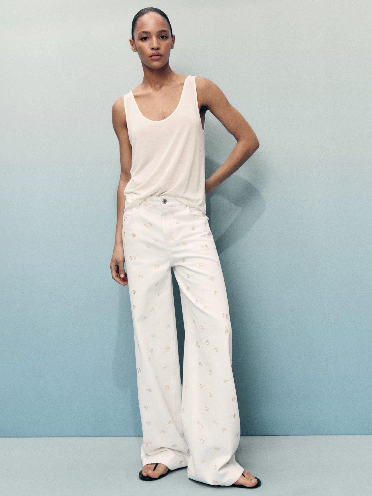 Product image 2 of 7, which shows Mango Massy Cotton Flower Embroidered Wide Leg Jeans, Natural White, 10