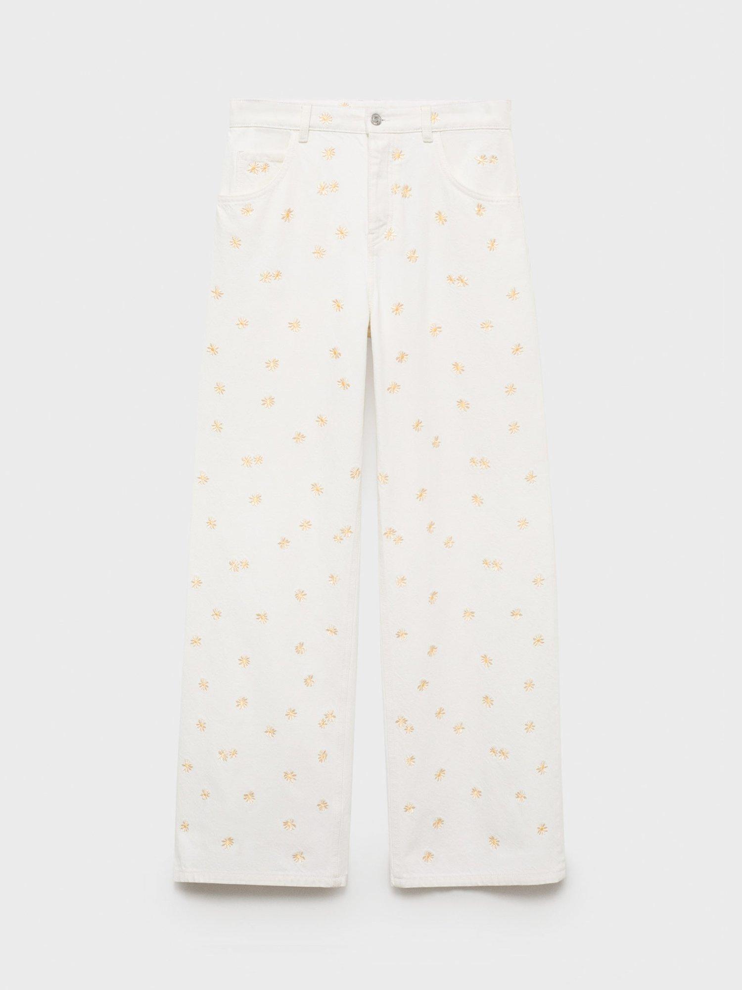 Product image 3 of 7, which shows Mango Massy Cotton Flower Embroidered Wide Leg Jeans, Natural White, 10