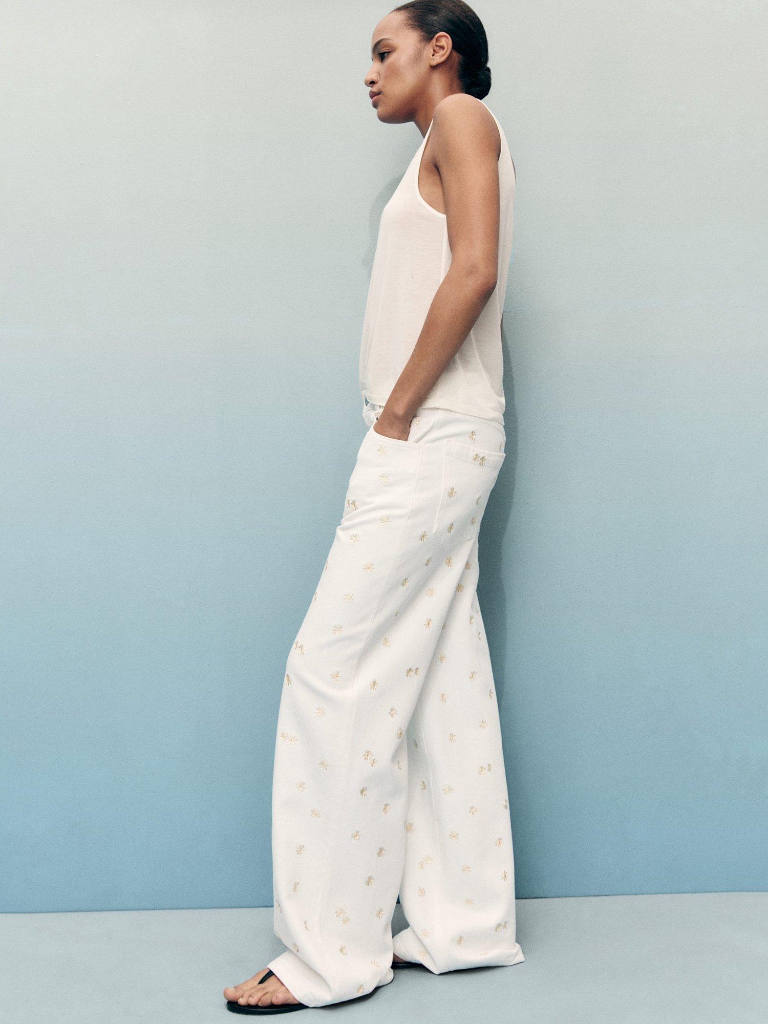 Product image 6 of 7, which shows Mango Massy Cotton Flower Embroidered Wide Leg Jeans, Natural White, 10