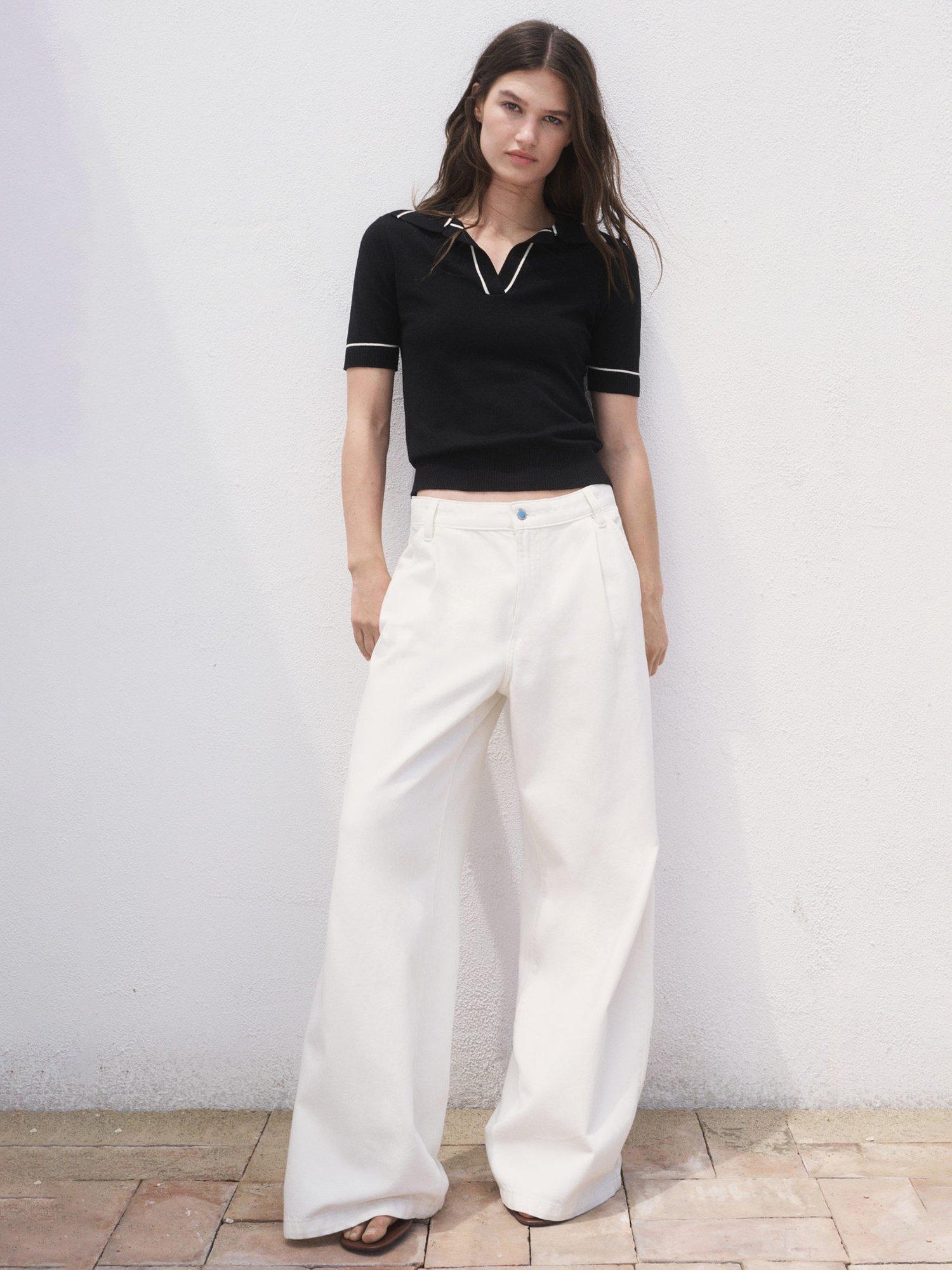 Product image 2 of 7, which shows Mango Vert Contrast Trim Polo Knit Top, Black, XS