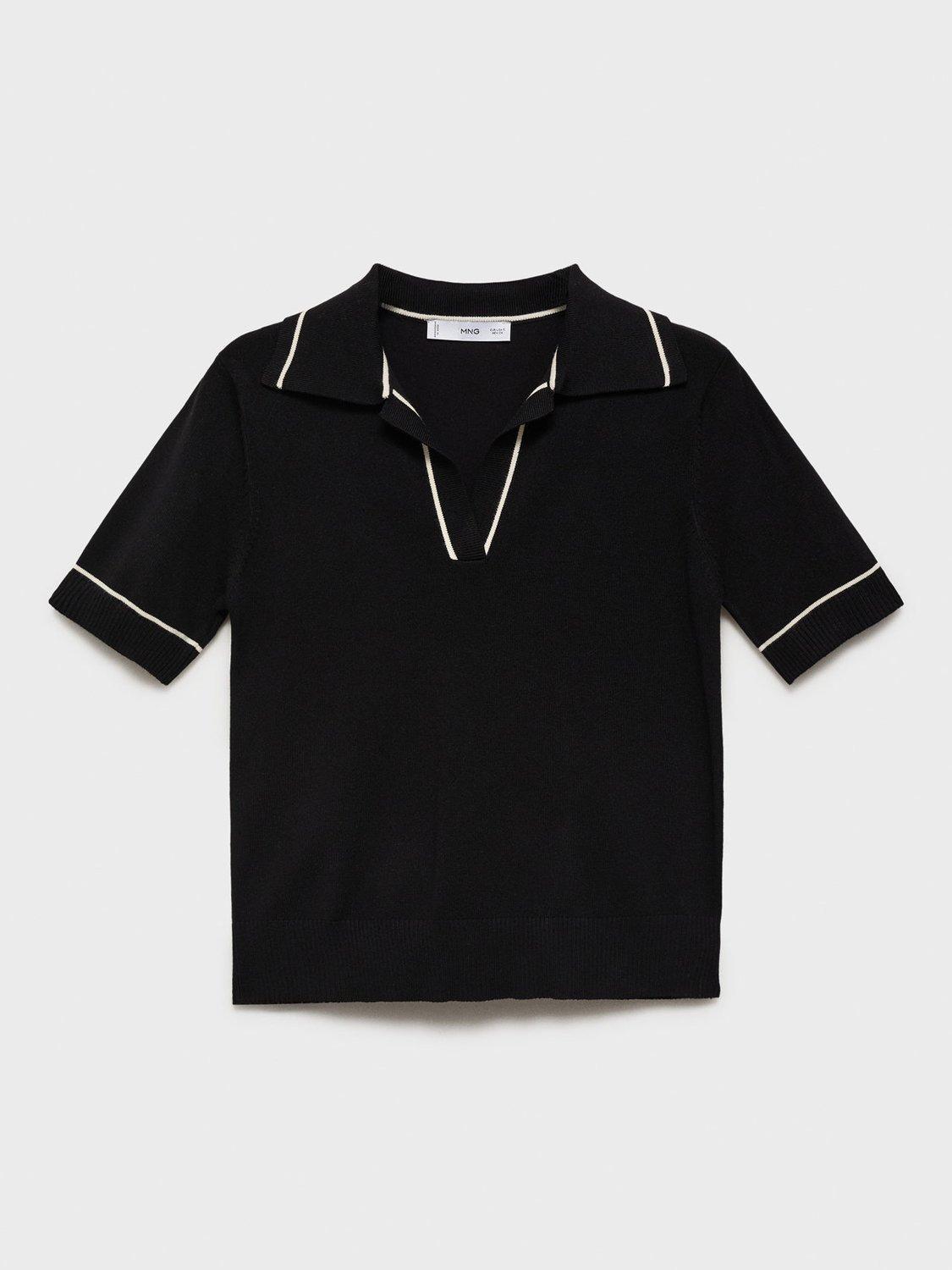 Product image 3 of 7, which shows Mango Vert Contrast Trim Polo Knit Top, Black, XS