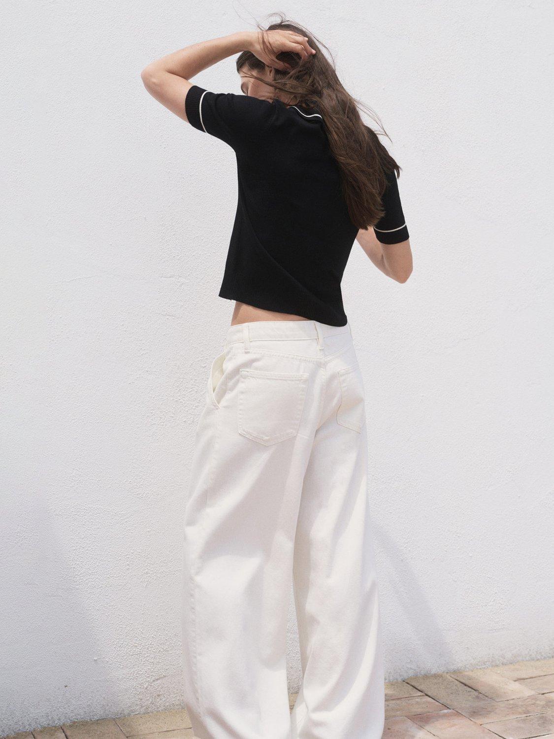 Product image 4 of 7, which shows Mango Vert Contrast Trim Polo Knit Top, Black, XS