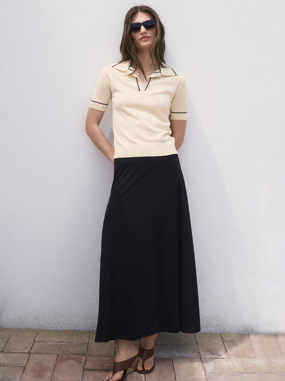 Product image 1 of 6, which shows Mango Vert Colour Contrast Polo Knit Top, Natural White, M