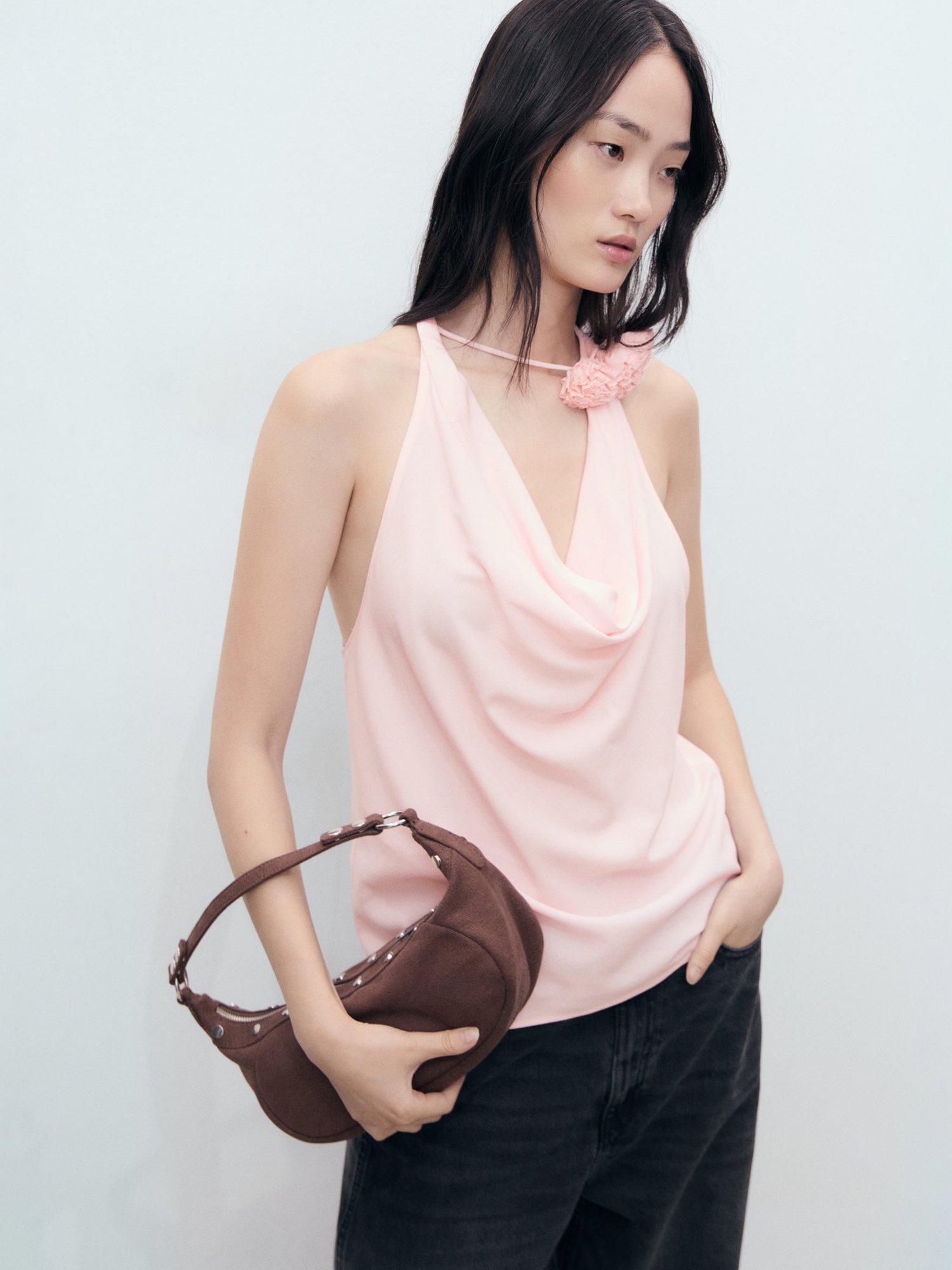 Product image 1 of 7, which shows Mango Alice Cowl Neck Flower Top, Pastel Pink, 10