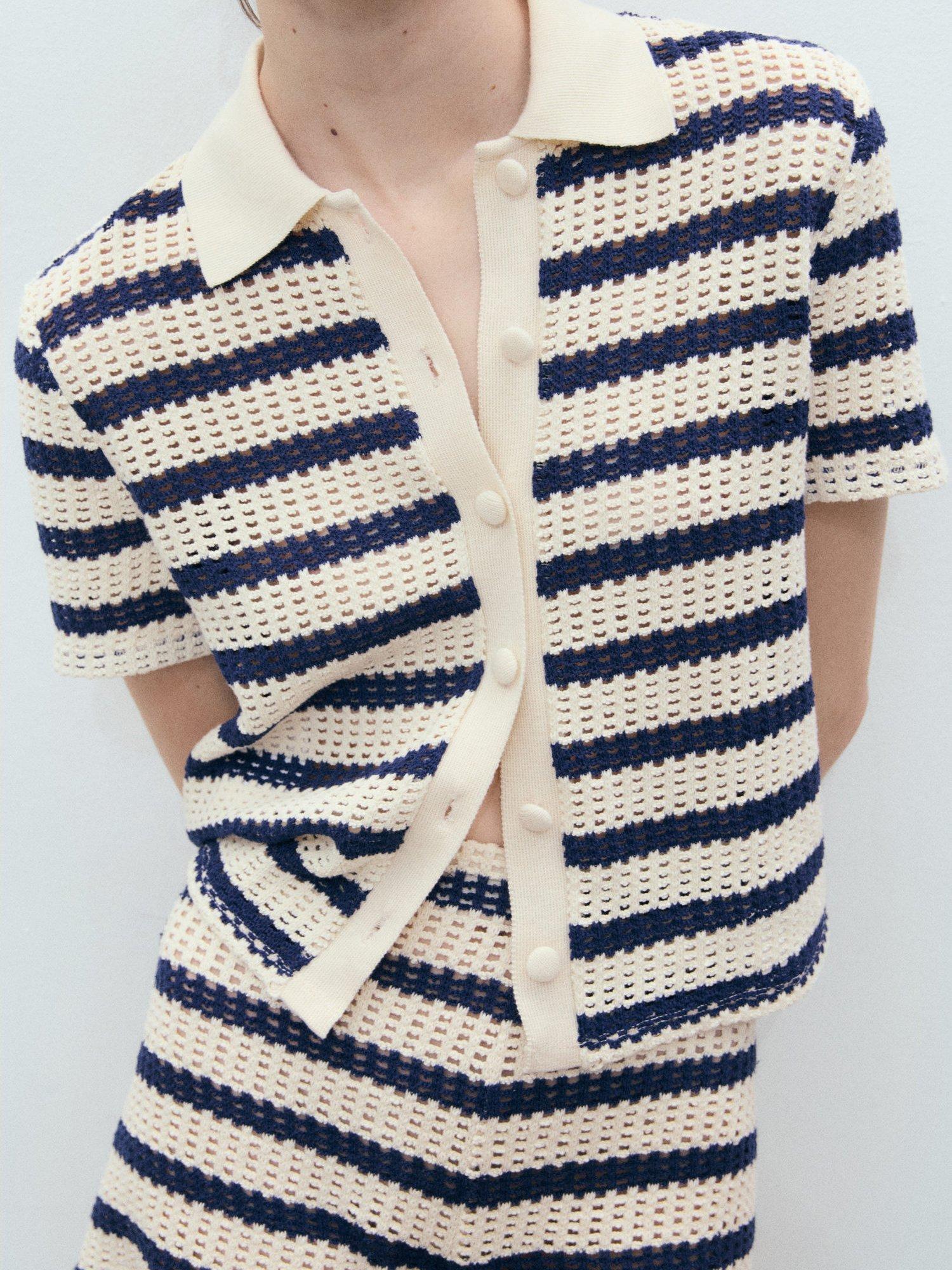 Product image 1 of 8, which shows Mango Miffy Cotton Blend Short Sleeve Striped Cardigan , Navy/Cream, 4