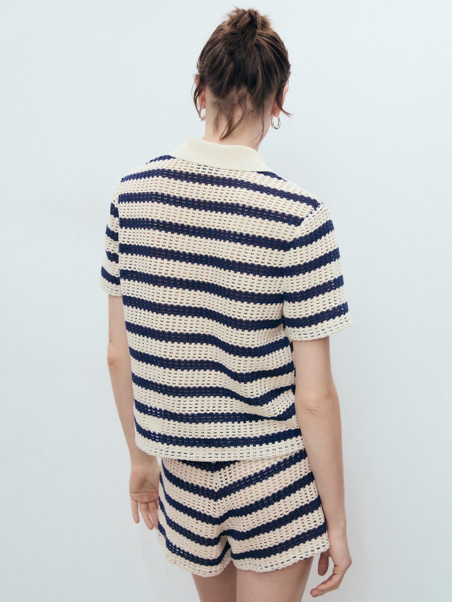 Product image 4 of 8, which shows Mango Miffy Cotton Blend Short Sleeve Striped Cardigan , Navy/Cream, 4