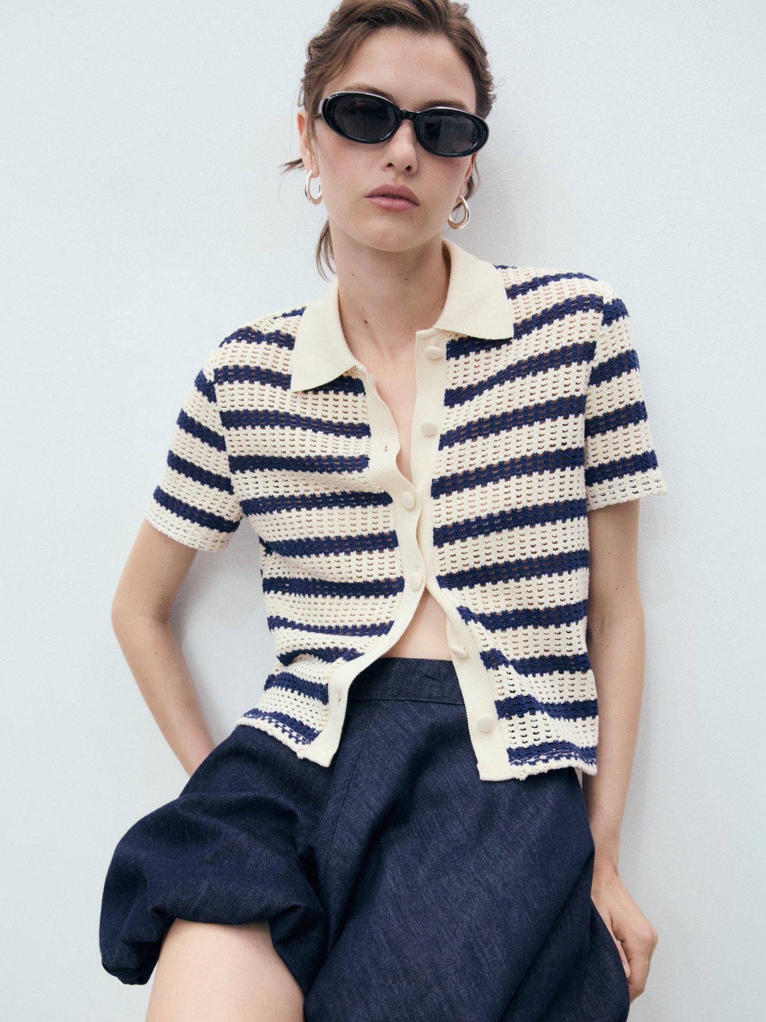 Product image 7 of 8, which shows Mango Miffy Cotton Blend Short Sleeve Striped Cardigan , Navy/Cream, 4
