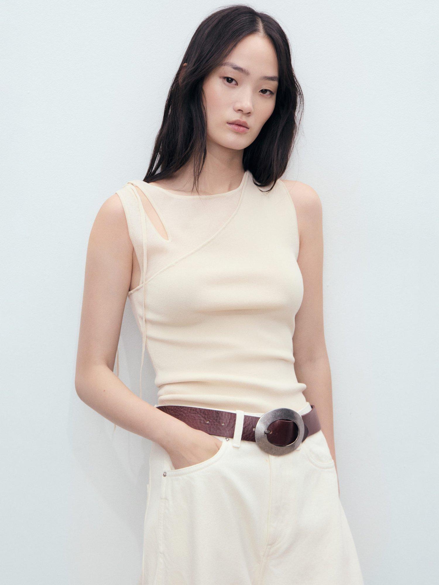 Product image 1 of 8, which shows Mango Begonya Knit Sleeveless Top, Natural White, L