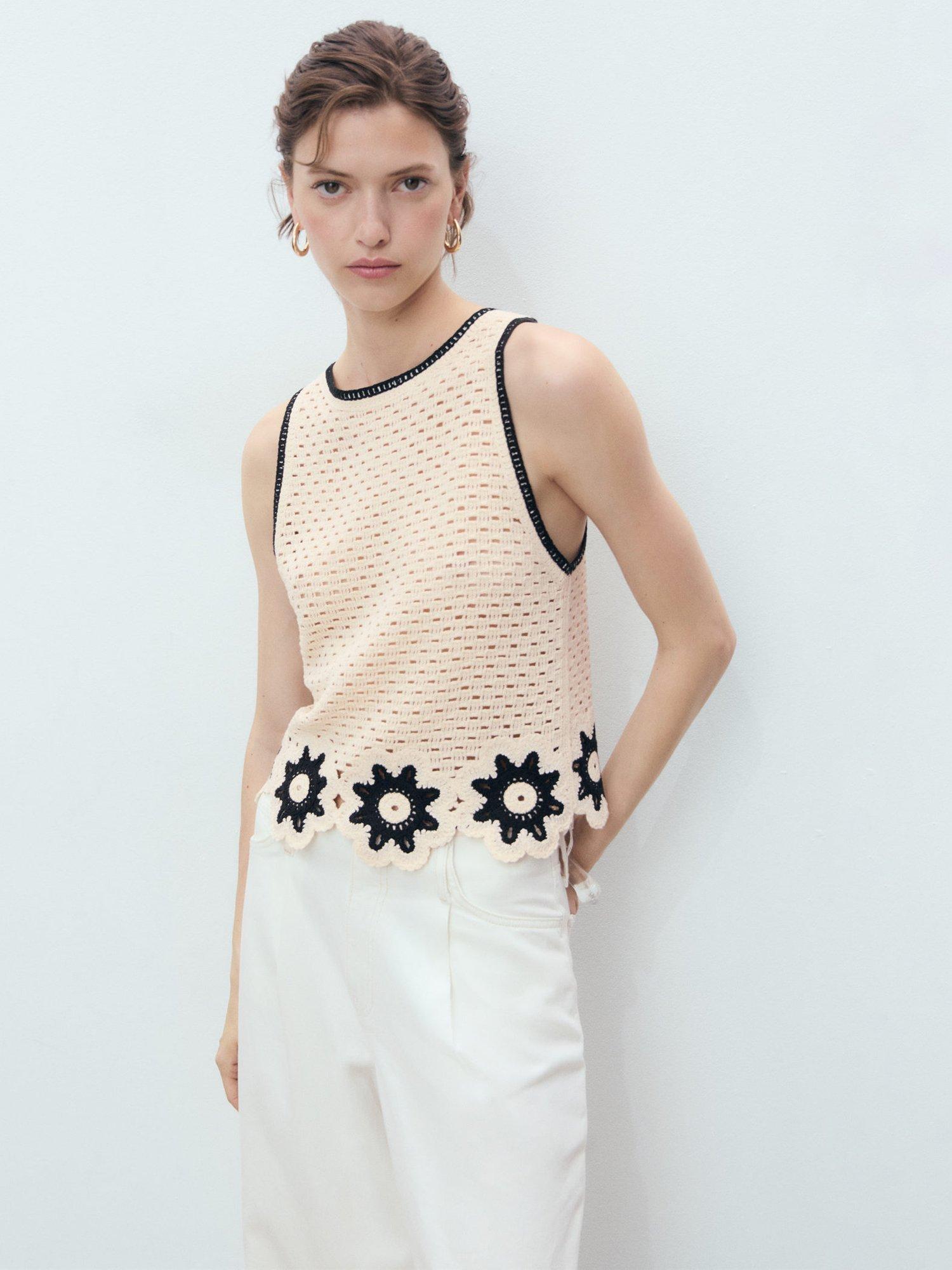 Product image 1 of 8, which shows Mango Fleur Floral Crochet Top, Natural White, XS