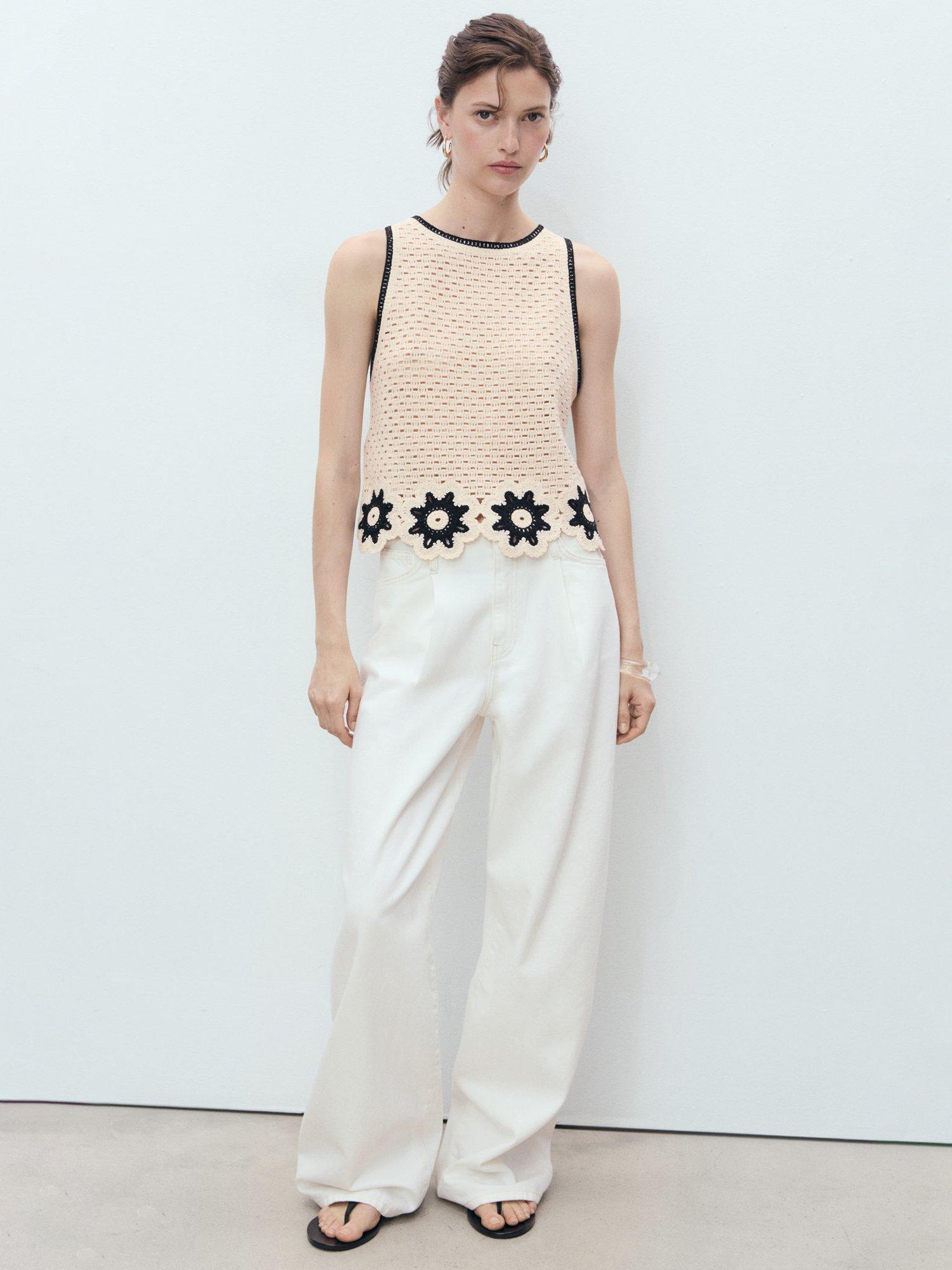 Product image 2 of 8, which shows Mango Fleur Floral Crochet Top, Natural White, XS