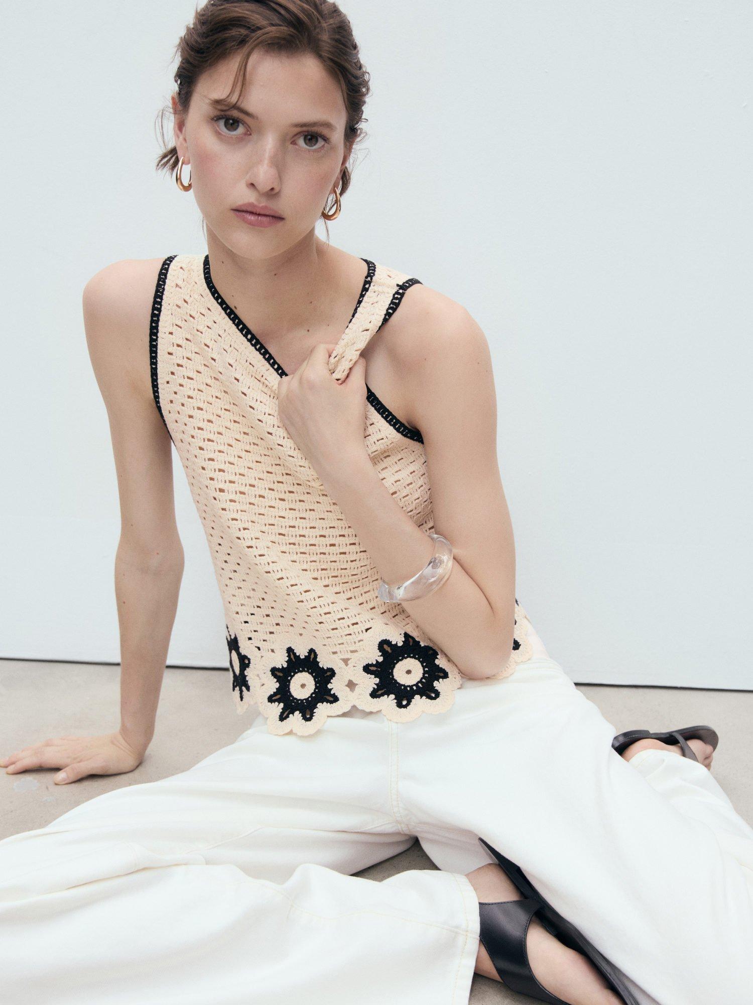 Product image 7 of 8, which shows Mango Fleur Floral Crochet Top, Natural White, XS