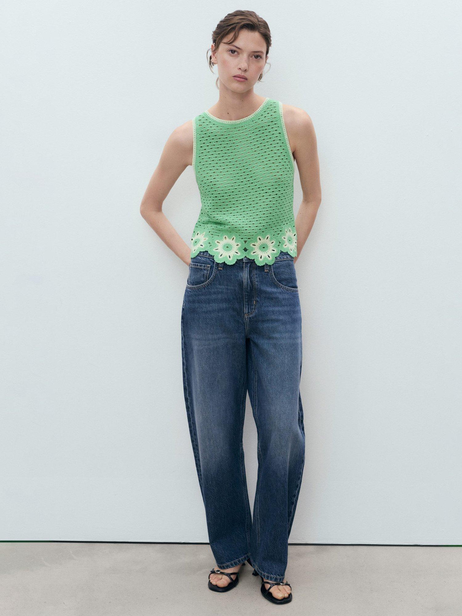 Product image 1 of 8, which shows Mango Fleur Crochet Sleeveless Top, Green, M