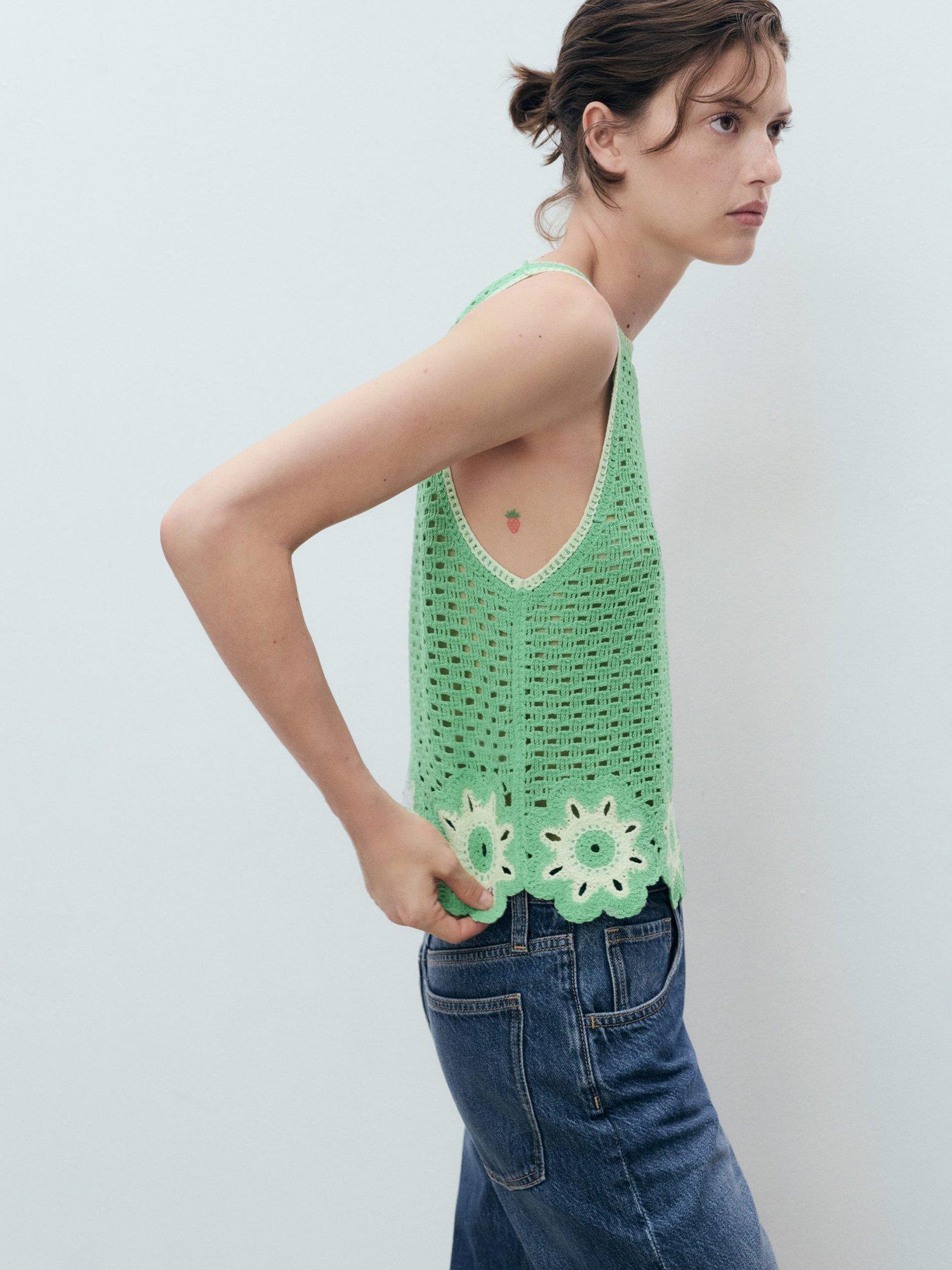 Product image 2 of 8, which shows Mango Fleur Crochet Sleeveless Top, Green, M