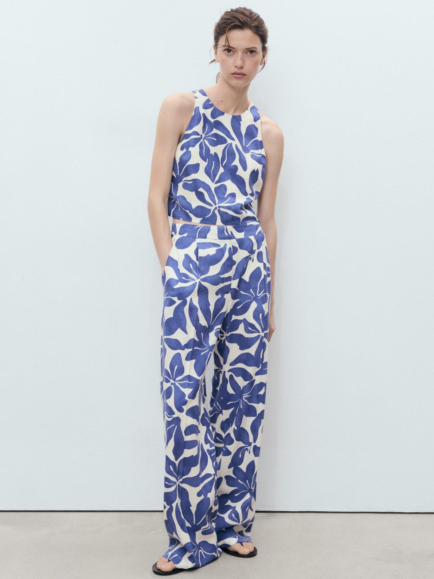 Product image 2 of 9, which shows Mango Jamie Floral Crop Top, Blue/White, XS